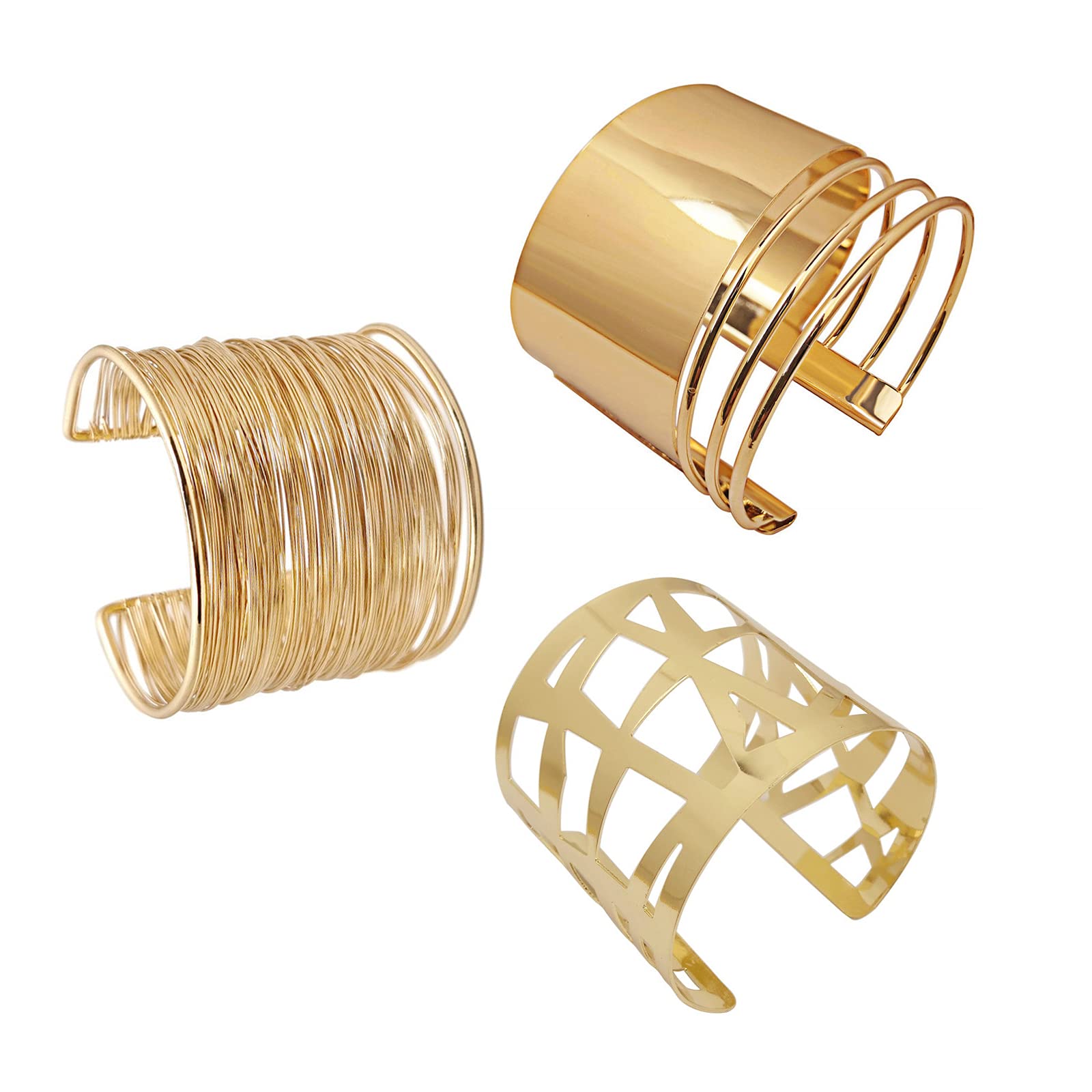 COLORFUL BLING 2 Pieces Gold Tone Cuff Bangle Bracelet Set for Women Girls Adjustable Smooth Wide Thin Thread Wire Armband Armlet Wrist Jewelry Set