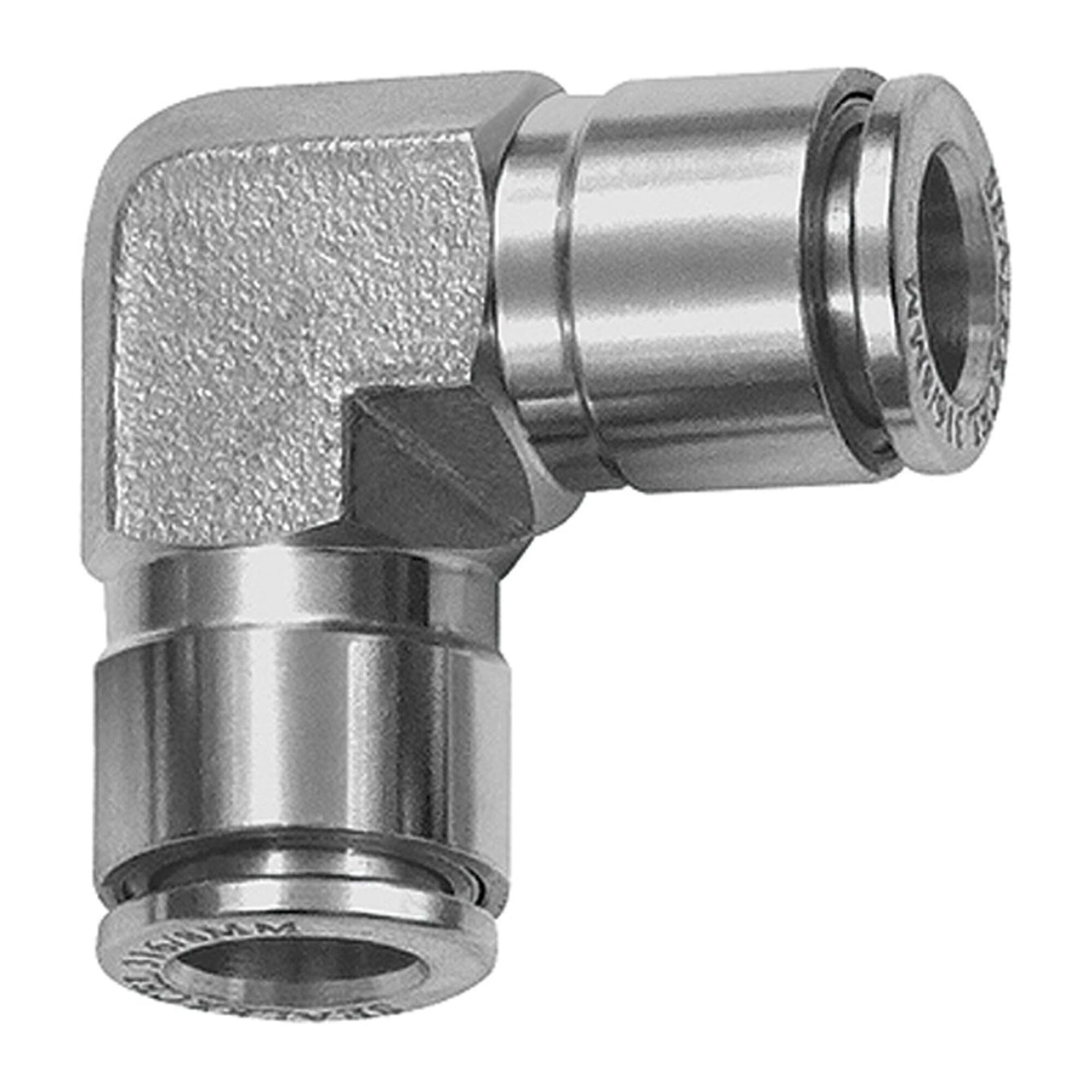 Raccord L pour tuyau extérieur Ø 12 mm, pression de travail max. 20 bar, acier inoxydable 1.4404.