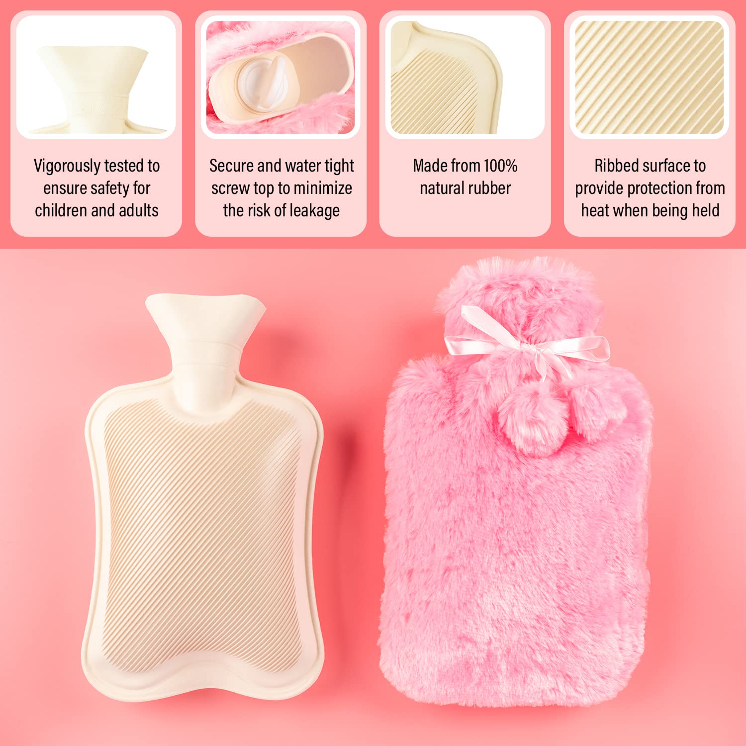 2 x Wärmflaschen mit Bezug UK – 2 x Naturkautschuk 2 Liter Wärmflaschen – perfekter Wärmbeutel zur Schmerzlinderung, Handfüße wärmer (Cremeflaschen mit 1 x Hellgrau & x Babyrosa Bezug)