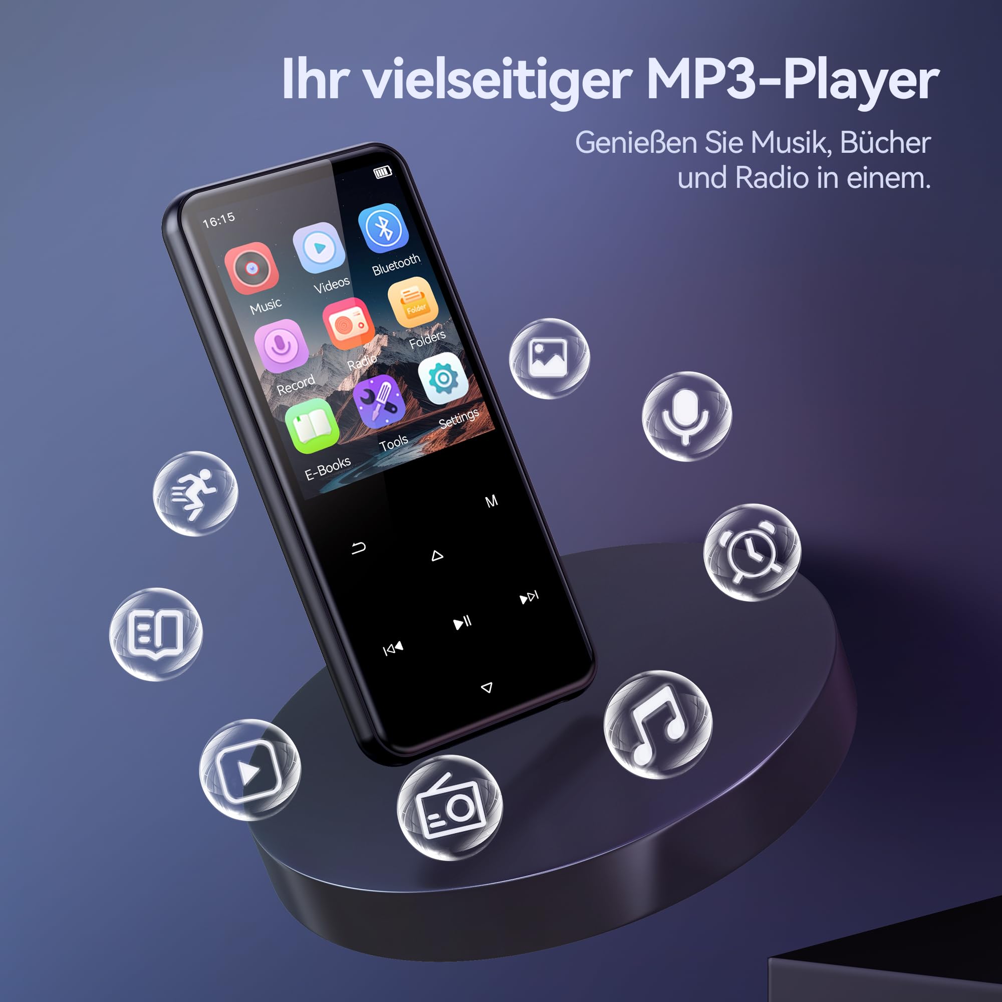 AGPTEK 64GB MP3 Player Bluetooth 5.3 mit 2,4" TFT Farbbildschirm, HiFi Musik Kinder MP3 Player mit Lautsprecher, Touch-Tasten, FM-Radio, E-Book, Aufnahme, Unterstützung bis zu 128 GB, Schwarz