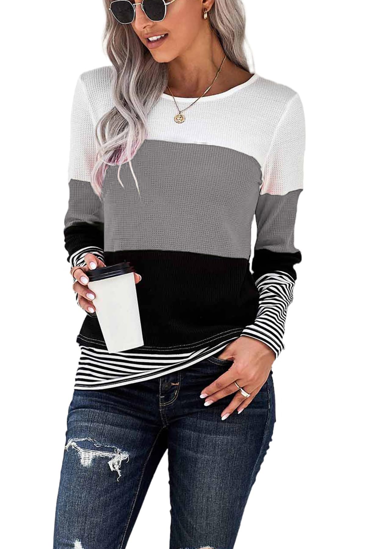 Long Sleeve Shirts for Women Casual Lightweight Sweaters Color Block Striped Tunic Tops