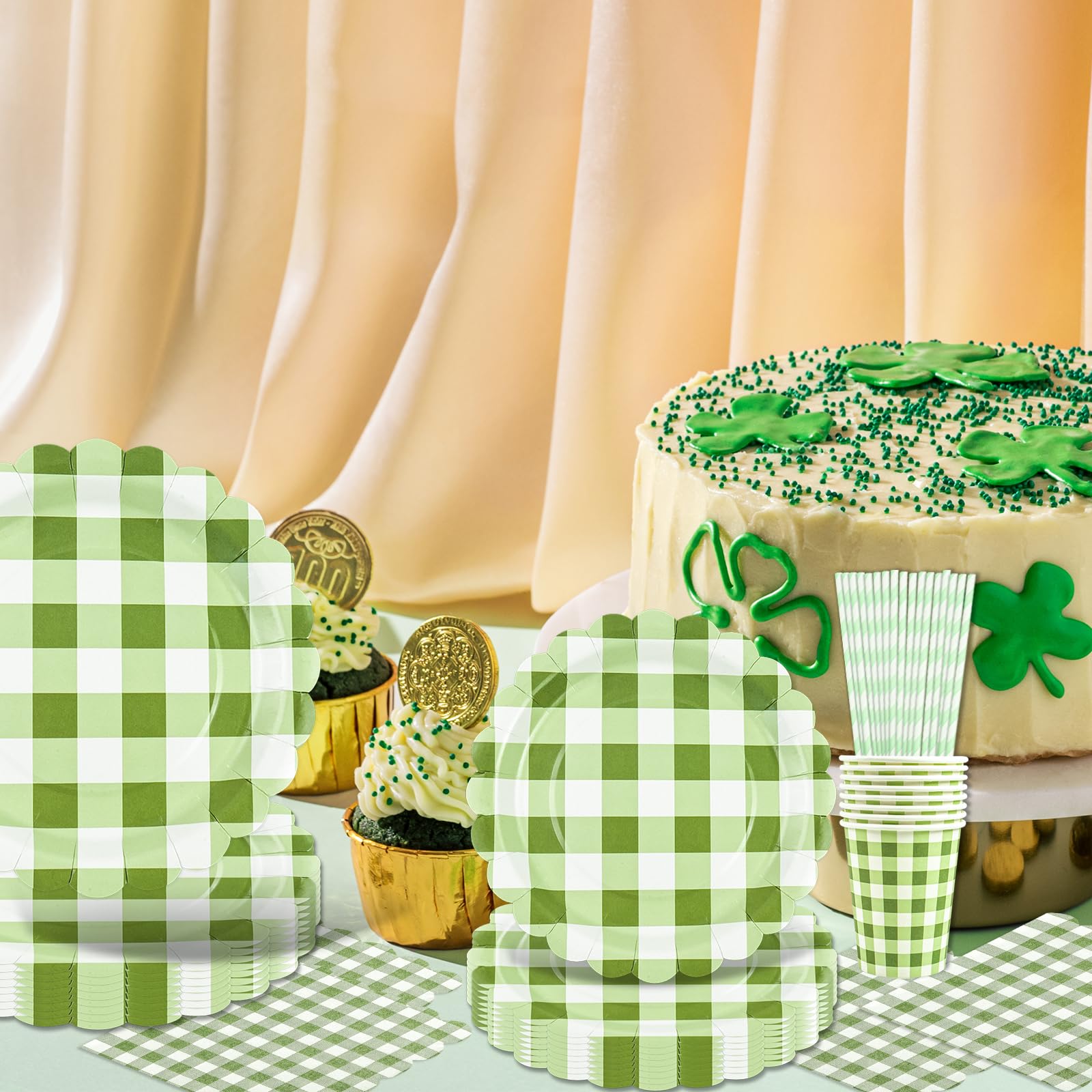 80 piezas de juego de vajilla de fiesta salvia y gingham, juego de platos y vasos de gingham para fiesta de té, cumpleaños, bodas, baby shower, decoración, aniversario