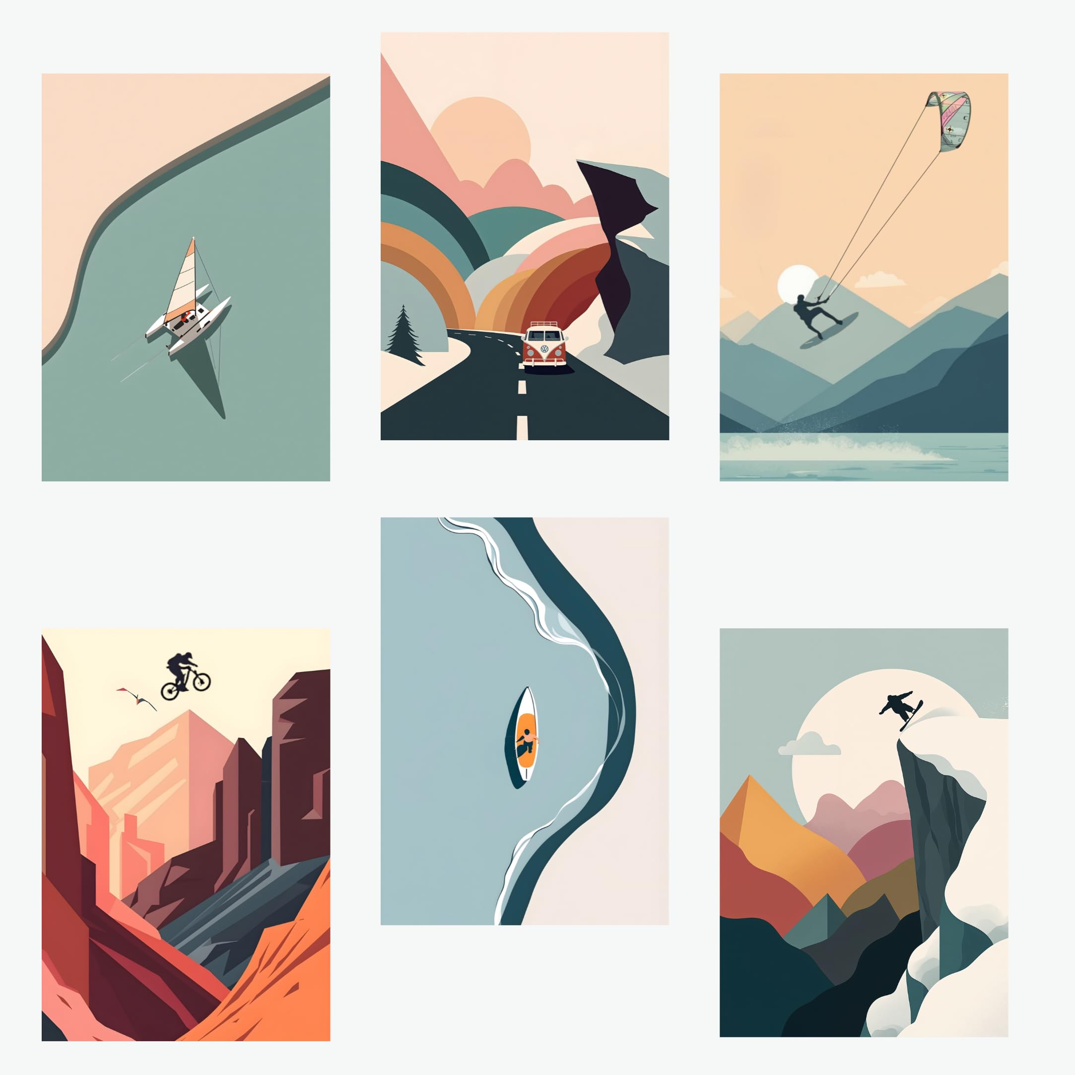 Lot de 6 Illustrations A4 Premium: Affiche Décoration Murale Montagne, Tableau Mural Décoration Maison, Décoration Intérieure, Décoration Salon. Affiche Design Montagne d'une Artiste Made in France