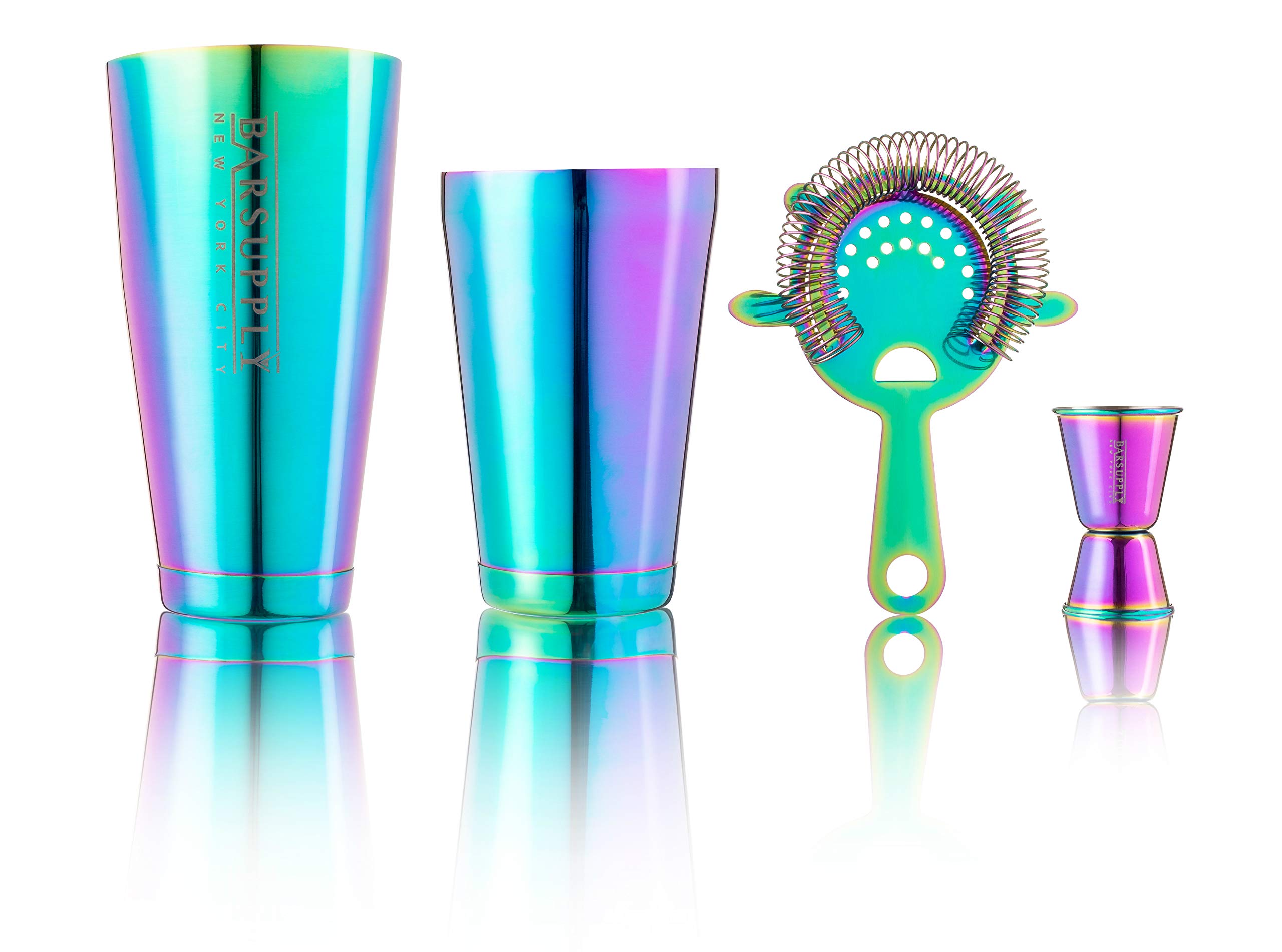 BARSUPPLY Professional Boston Cocktail Shaker Set, 4 - Piece Bar Set, Stainless Steel, 28Oz / 18Oz Weighted Shaker Tins, Hawthorne Strainer Rainbow Chrome