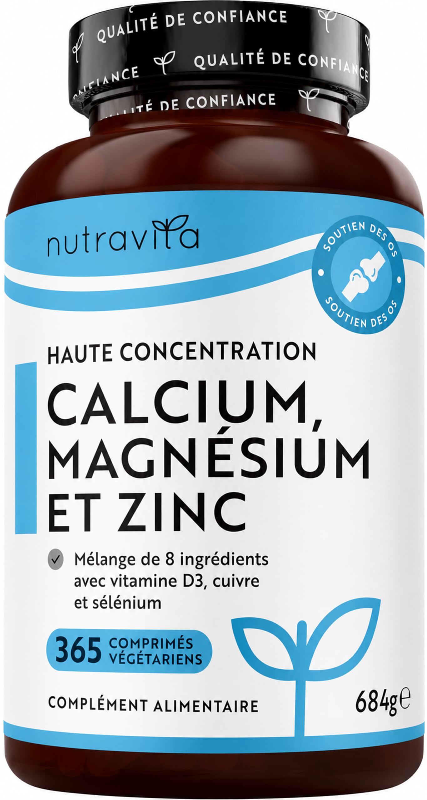 Calcium, magnésium, zinc enrichi en vitamine D3 - Supplément de haute résistance | 365 comprimés végétariens | Offre de 6 mois | Fabriqué au Royaume-Uni par Nutravita