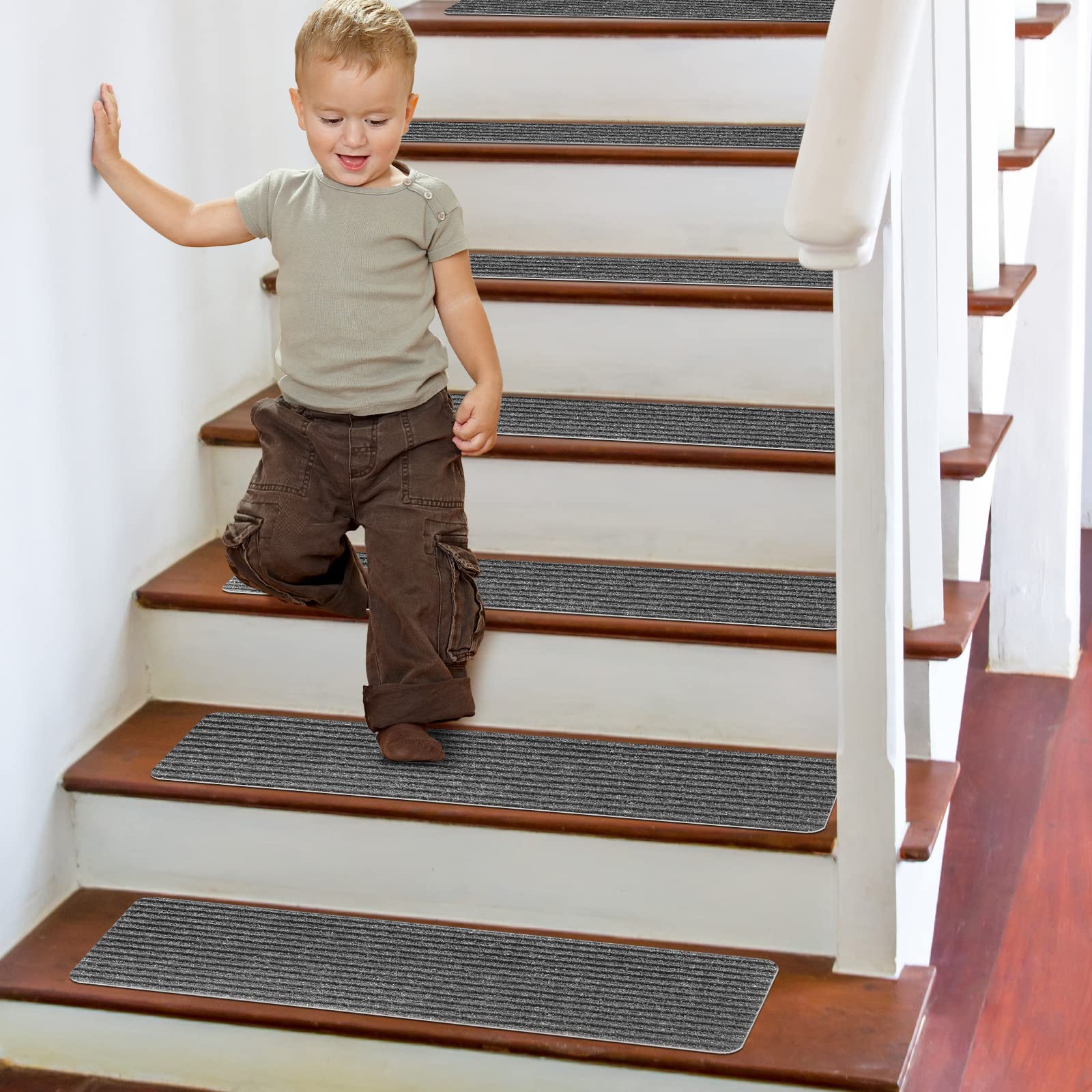 Lot de 15 marchettes d'escalier antidérapantes pour marches en Bois, (20 x 76cm) Adhésif pré-appliqué - Tapis d'intérieur antidérapant - Sécurité pour Personnes âgées, Enfants et Chiens, Gris