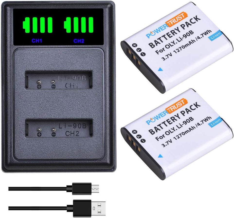 2Pcs Li-90B Li-92B DB-110 Battery+ LED Dual Charger for OlympusTough TG-5, Tough TG-4, TG-6,TG-3, TG-2 iHS,SH-1,SH-2,SH-3,Ricoh GR III,GR IIIx Cameras