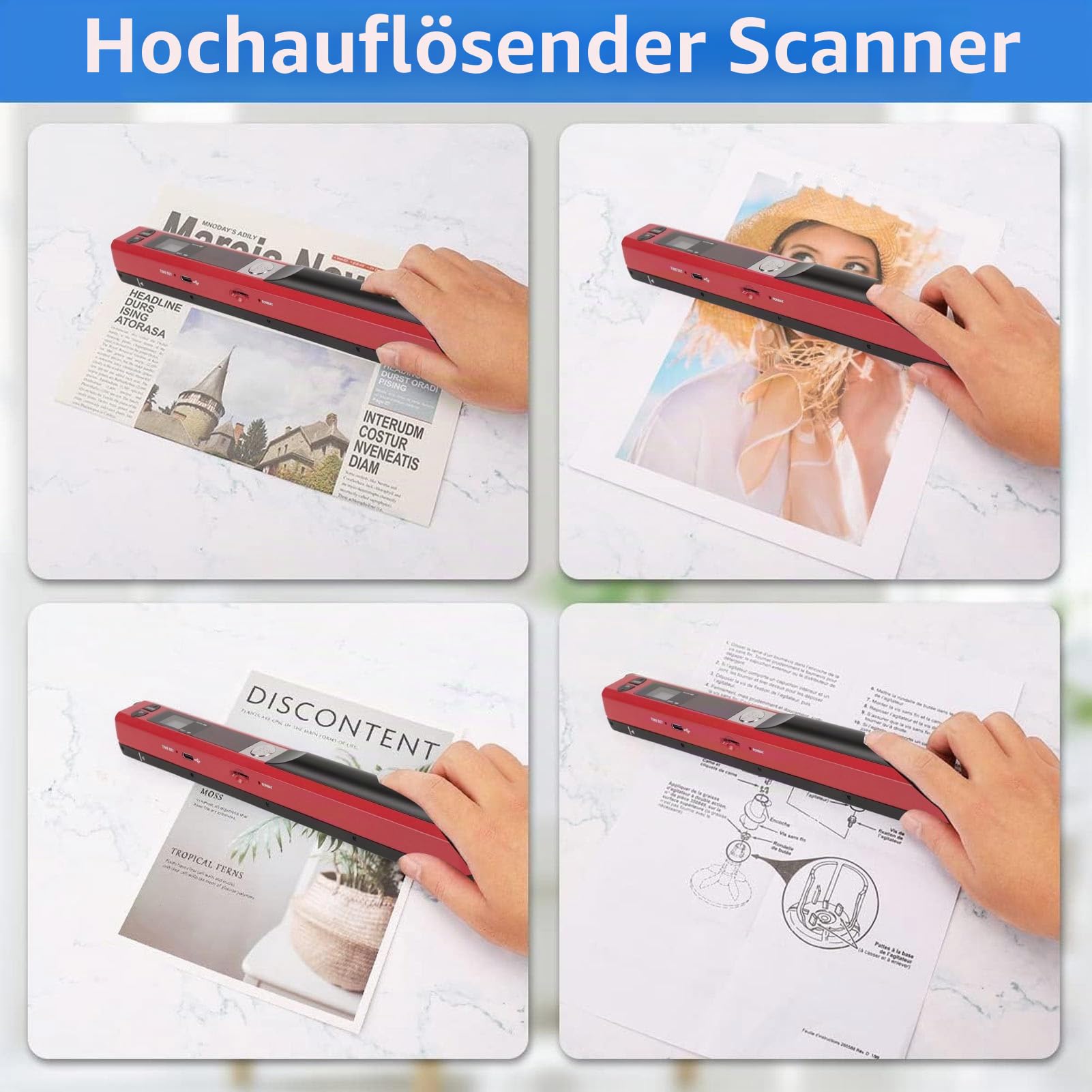 A4 Photo Mobile Scanner Tragbarer 900 DPI -Dokumentscanner mit Erweiterbarem Speicher für den Täglichen Gebrauch, Handheld -Image für OS X 10.4 oder über Versicherungsgeschäft, Outdoors (Rot)