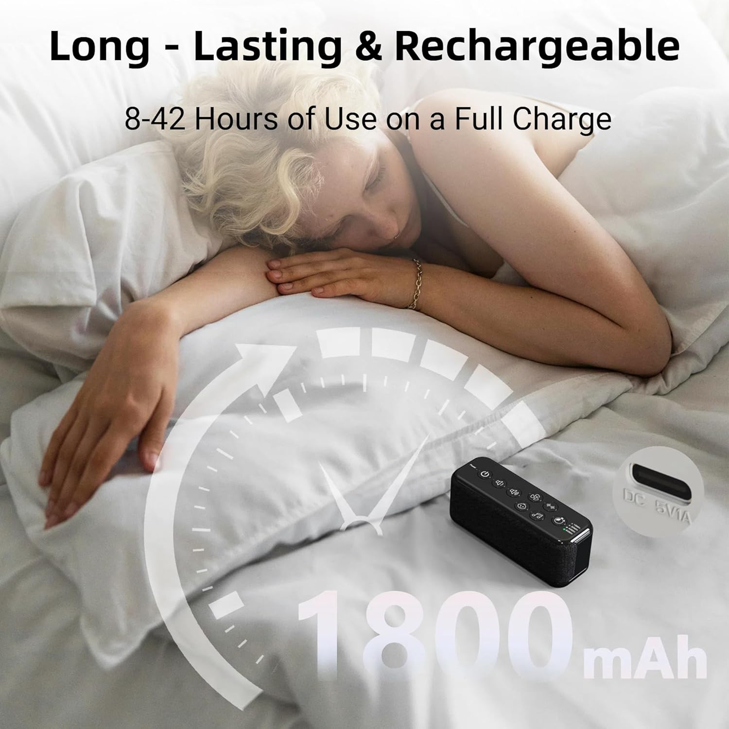 Raynic White Noise Machine, 42 Soothing Sounds Noise Machine, Rechargeable Battery Sound Machine with 8 Volumes, 5 Timers, Type-C Port, Headphone Jack