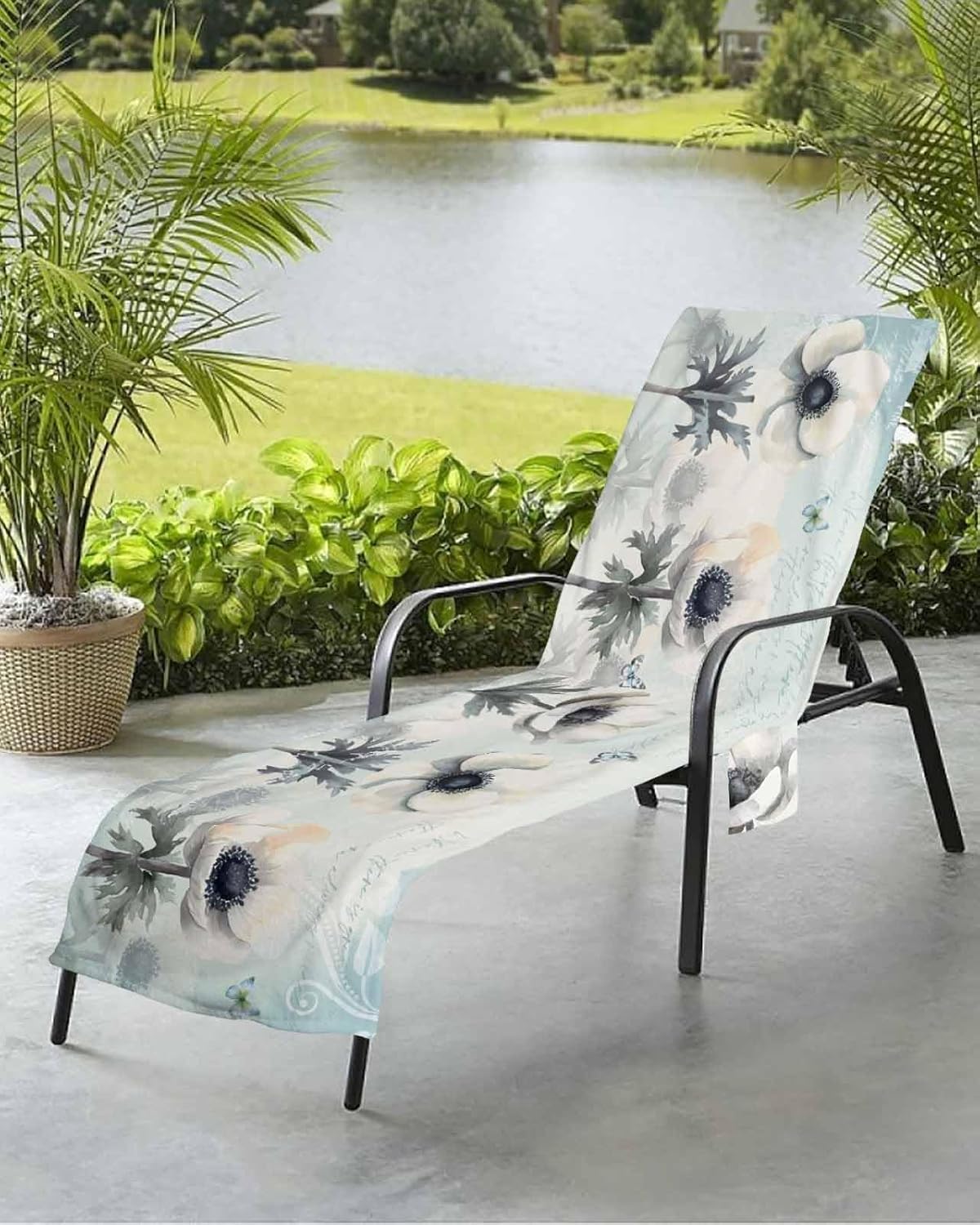 Blue White Flower Beach Pool Patio Lounge Chaise Chair Cover Towel With Pockets,Absorbent & Quick Dry Microfiber Towel Cover Bag Summer Sunbathing Accessories Elegant Rustic Vintage Farmhouse Floral