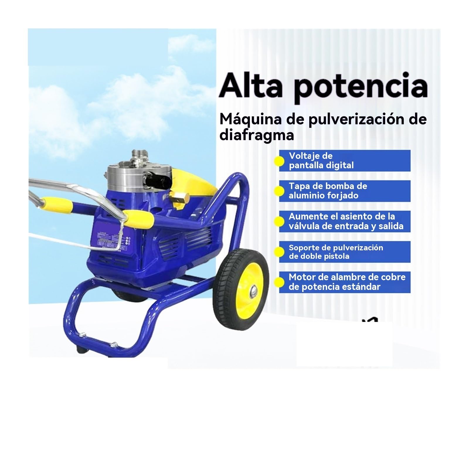 Pistolet malarski, Opryskiwacz membranowy dużej mocy, cyfrowy wyświetlacz napięcia, pokrywa pompy z kutego aluminium, dostępne dwa pistolety do ściany, mebli, na zewnątrz, do wewnątrz
