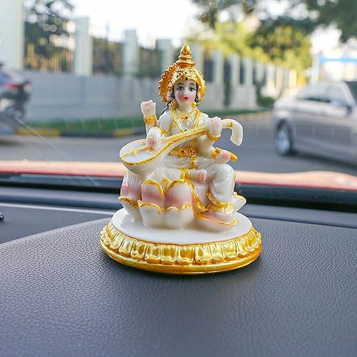 Miniatura 2 de alikiki Estatua de Saraswati pequeña diosa hindú – 3.9 pulgadas de alto aspecto de mármol Saraswati figura para tablero de instrumentos