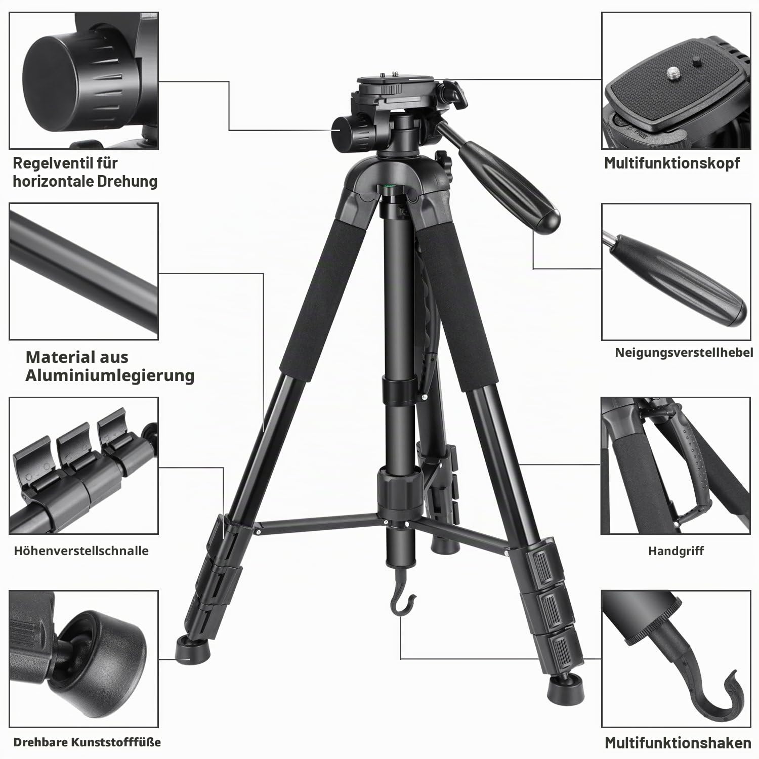 Neewer Tragbarer 177cm Aluminium Legierung Kamera Stativ Einbeinstativ mit 3-Wege-Drehgelenk Pan Head für DSLR-Kamera schwarz – Bild 3