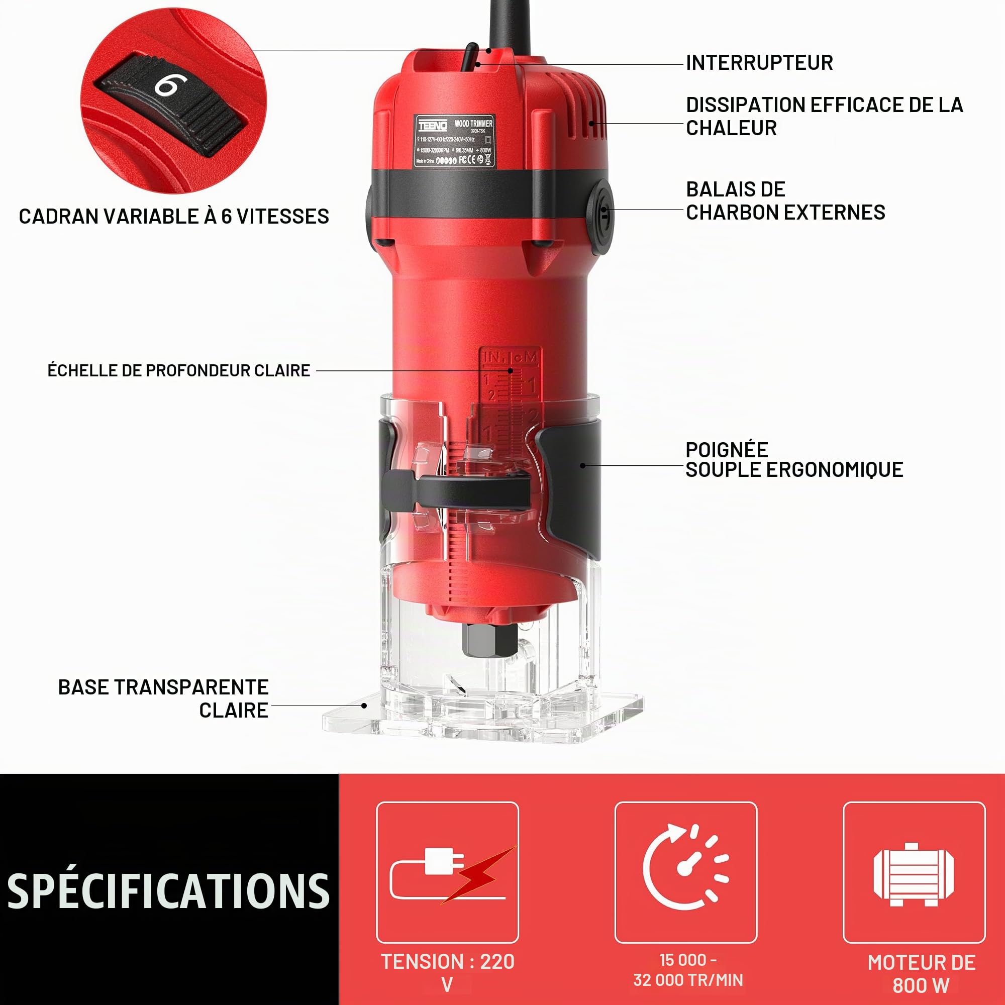 TEENO Défonceuse Affleureuse Électrique 800W 15000-32000 RPM Avec 32 Accessoires, Affleureuse à Bois Avec 15 Fraises à Défoncer Queue de 1/4", 6 Vitesses Variables, Boite en Plastique