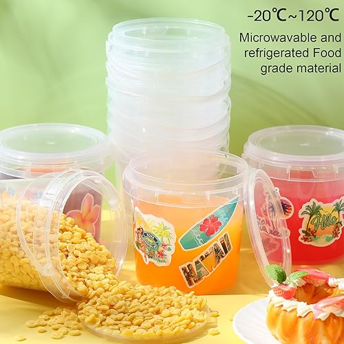 Miniatura 5 de PerKoop 20 cubos de helado de 32 onzas con tapas y asas, cubos transparentes de ron de cóctel con calcomanías, tina transparente de plástico