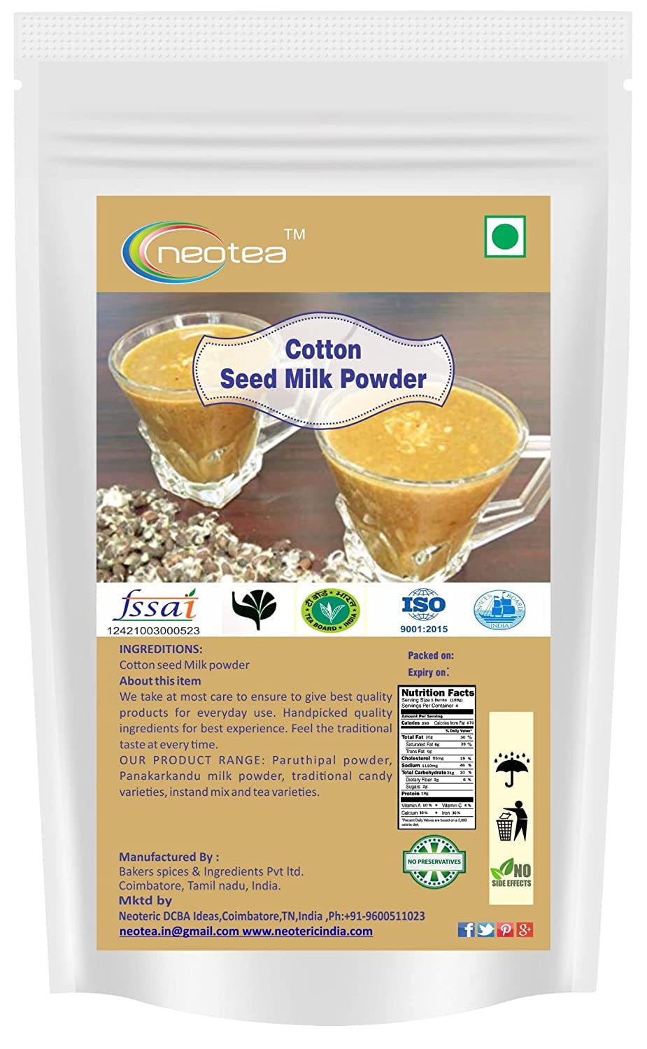 Neotea Cotton Seed Milk Powder | Paruthi Paal 100% Natural and Pure Healthy Drink | Non-Gmo | No preservative | Chemical Free | Drink Anytime Enjoy With Your Family | 500 gm (17..63 OZ)