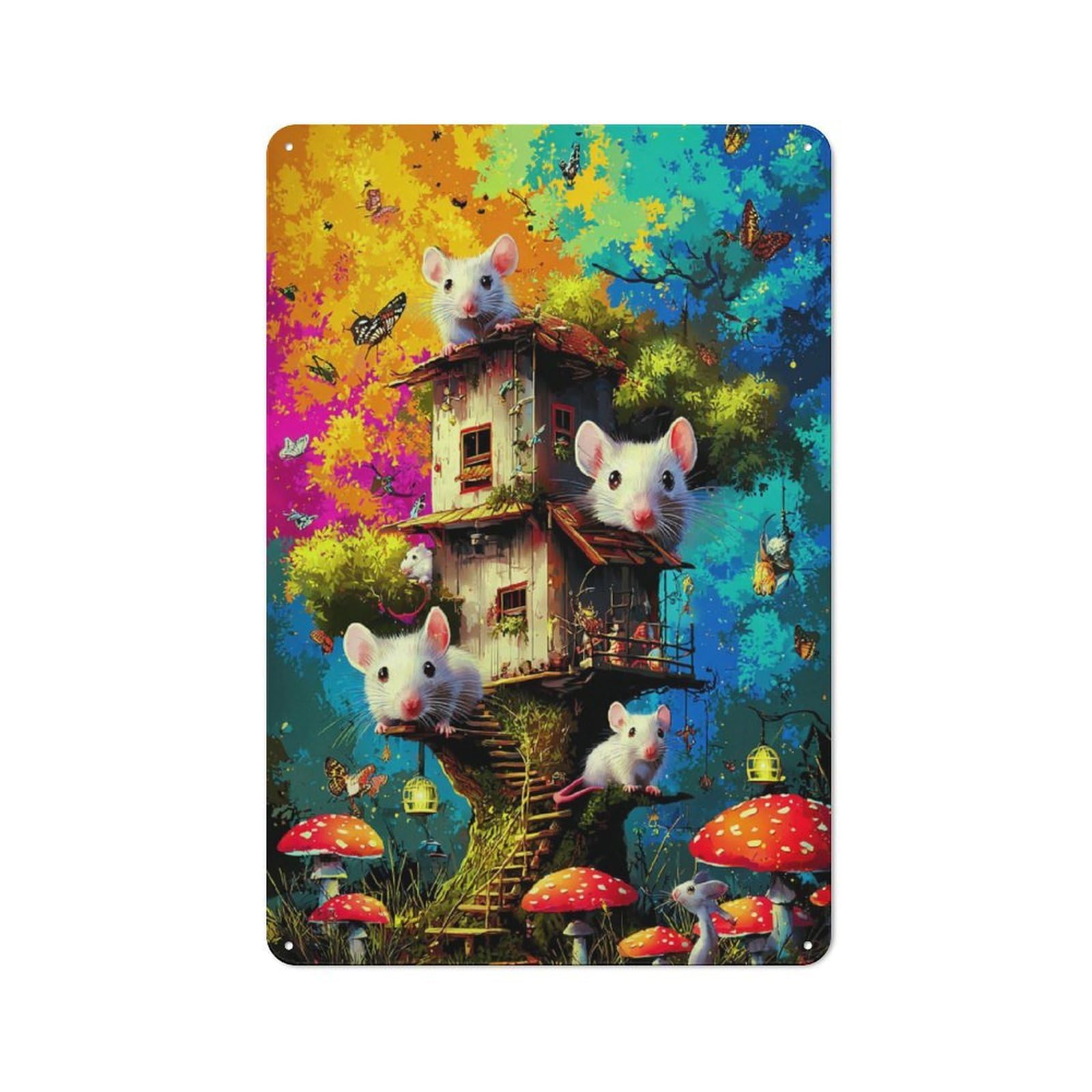 Junmoney Whimsical Treehouse With Mice And Mushrooms - Retro Metal Sign 30X20cm Featuring 1 For Workshop Wall, For Kitchen, Dining Room And Home Bar Wall Decor