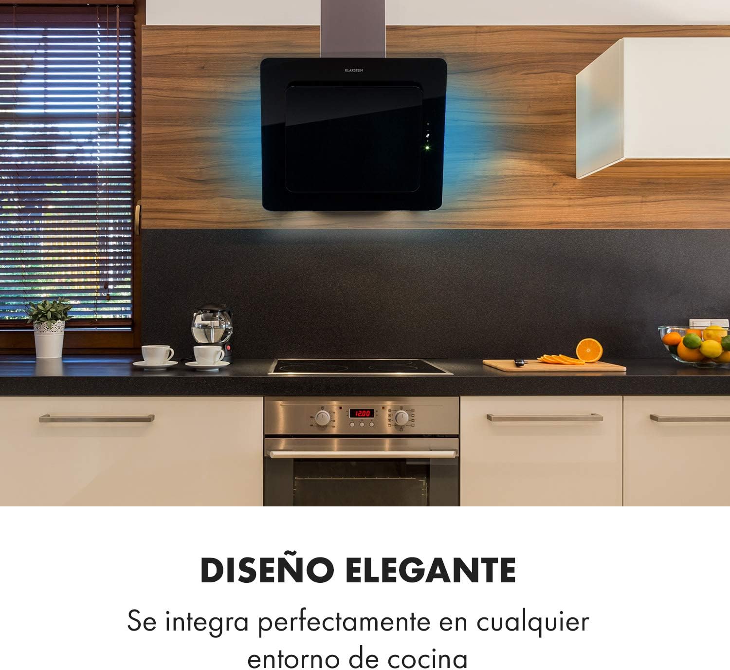Klarstein Helena - Campana Extractora diseño pared de cocina, Potencia extraccion máxima 595m³/h, 3 potencias, Campana decorativa con Luces de 9 colores, Pantalla LED, Panel tactil, 60 cm, Negro