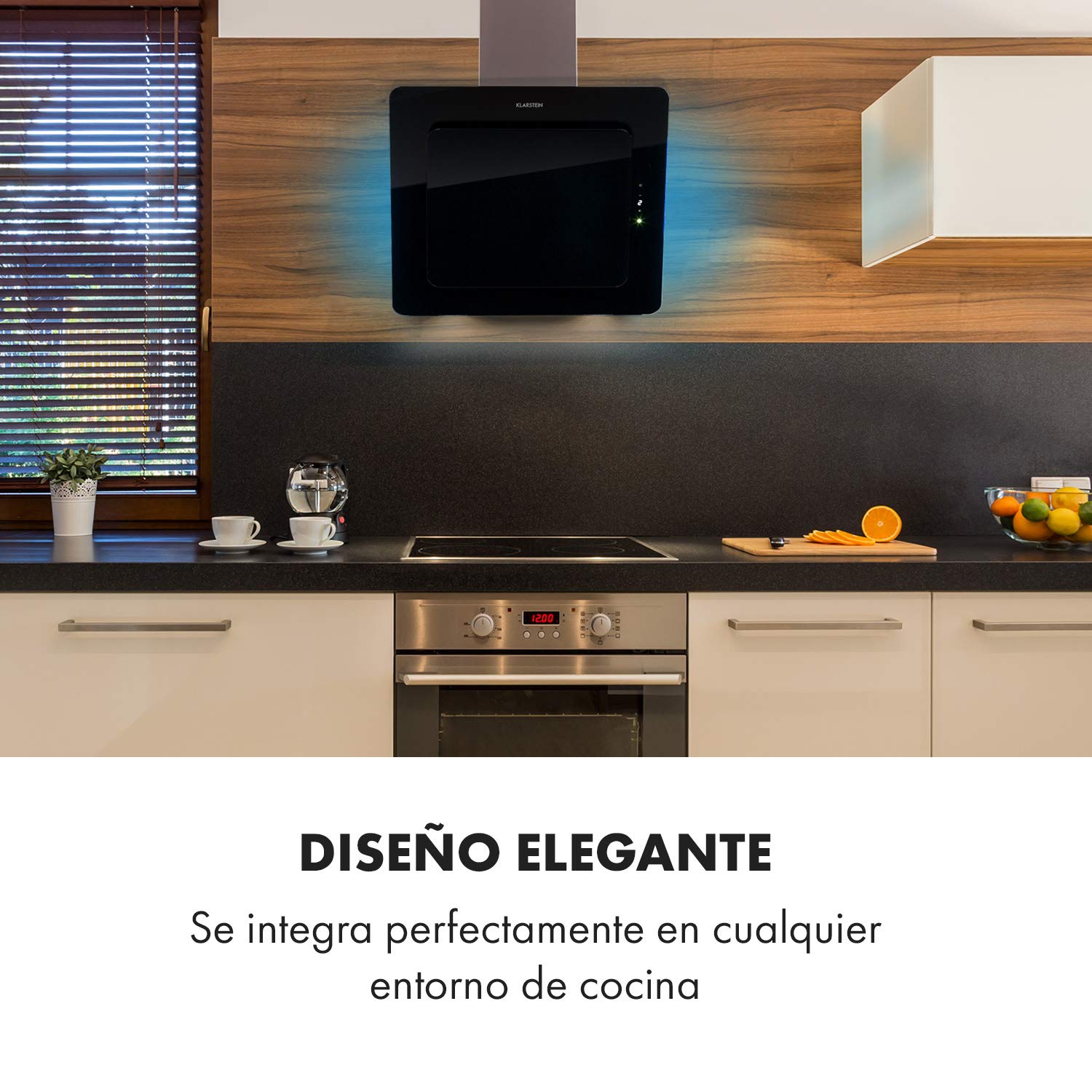 Klarstein Helena Campana extractora inclinada, Campana de pared inclinada con 553 m³/h, Luz ambiental RGB, Recirculación y extracción, Iluminación LED, Control táctil, 60 cm, negro
