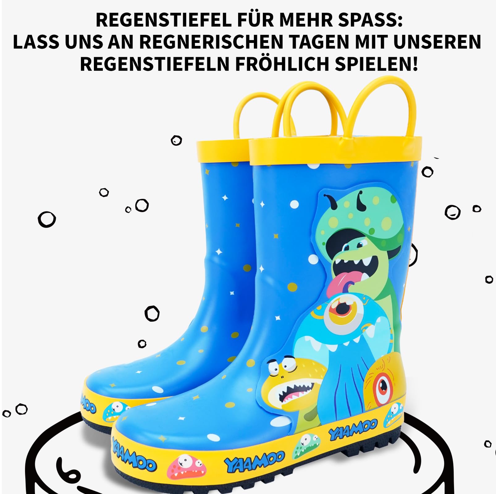 Gummistiefel Kinder mit Griffen, Gumischtifel für Jungen & Mädchen Outdoor, Wasserdichte Regenstiefel Kinder, Anti-Rutsch Sohle, Gr. 23-34