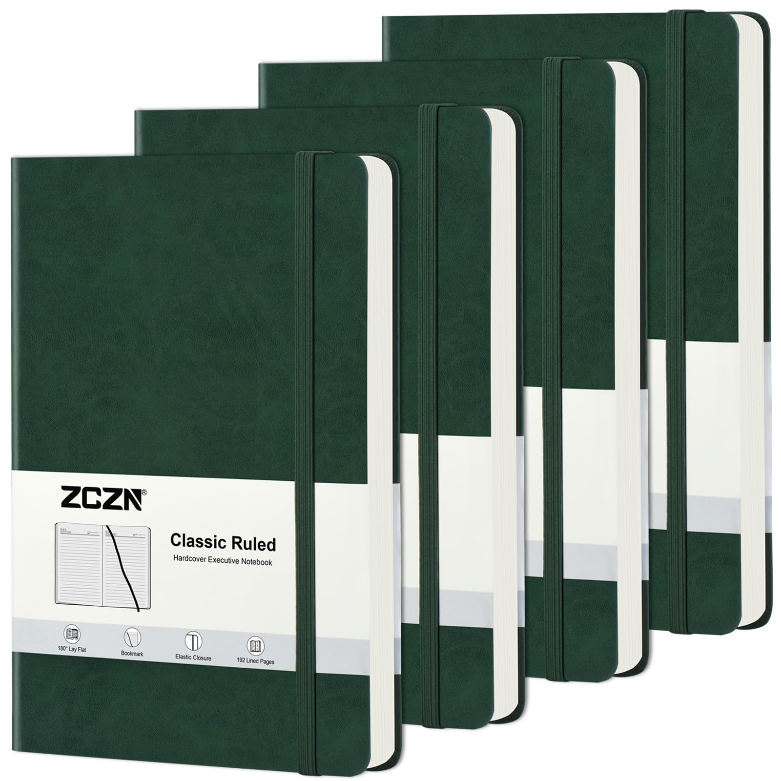 ZCZN A5 Lined Journal Notebooks, 4 Pack Hardcover Writing Notebooks for School, Work, Travel & Journaling, Dark Green