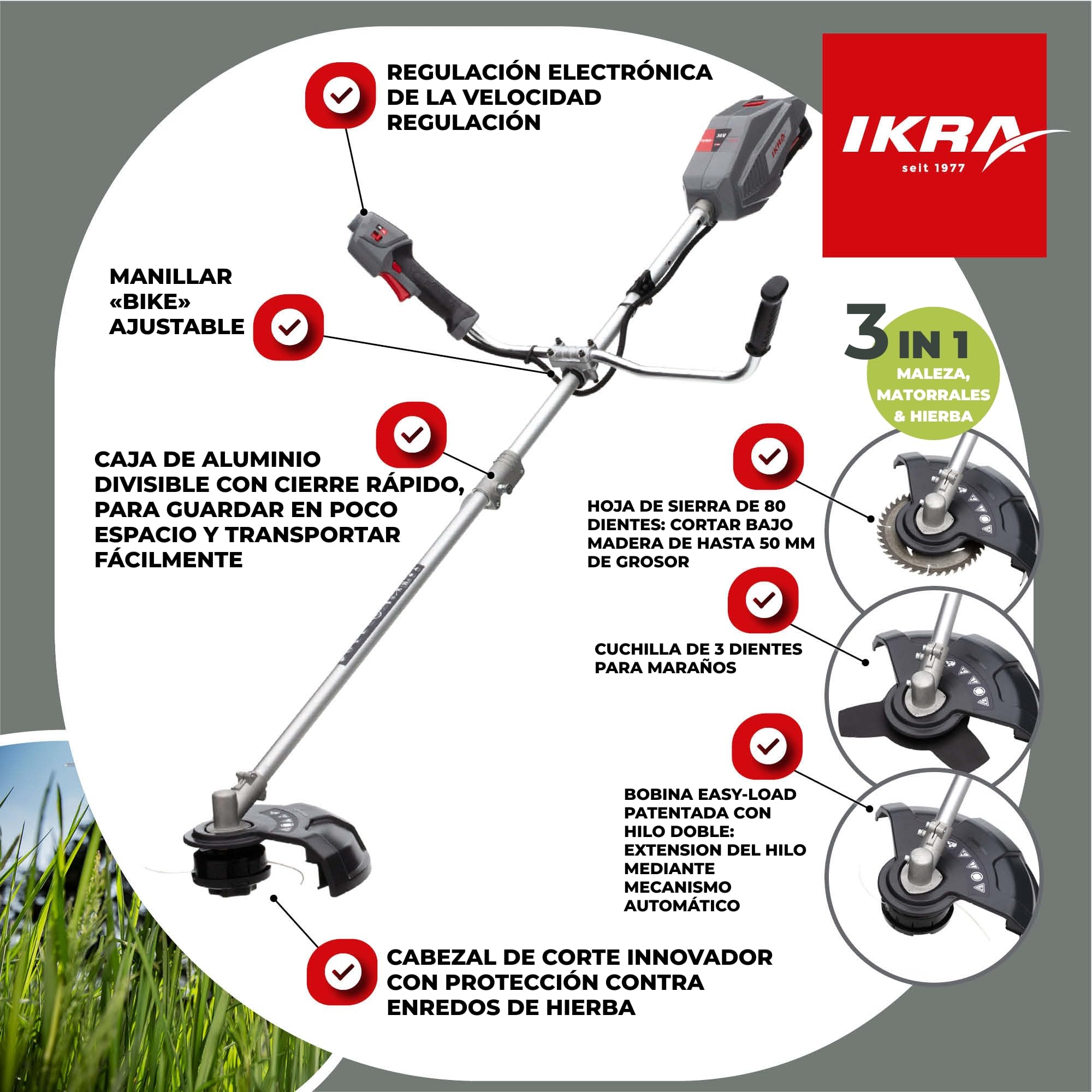 IKRA desbrozadora y cortabordes IB-BC 33, sin batería de 36 V ni cargador | Compatible con Bosch, motor sin escobillas, incluye bobina Easy-Load, cuchilla de tres dientes y hoja de sierra de 80 dientes