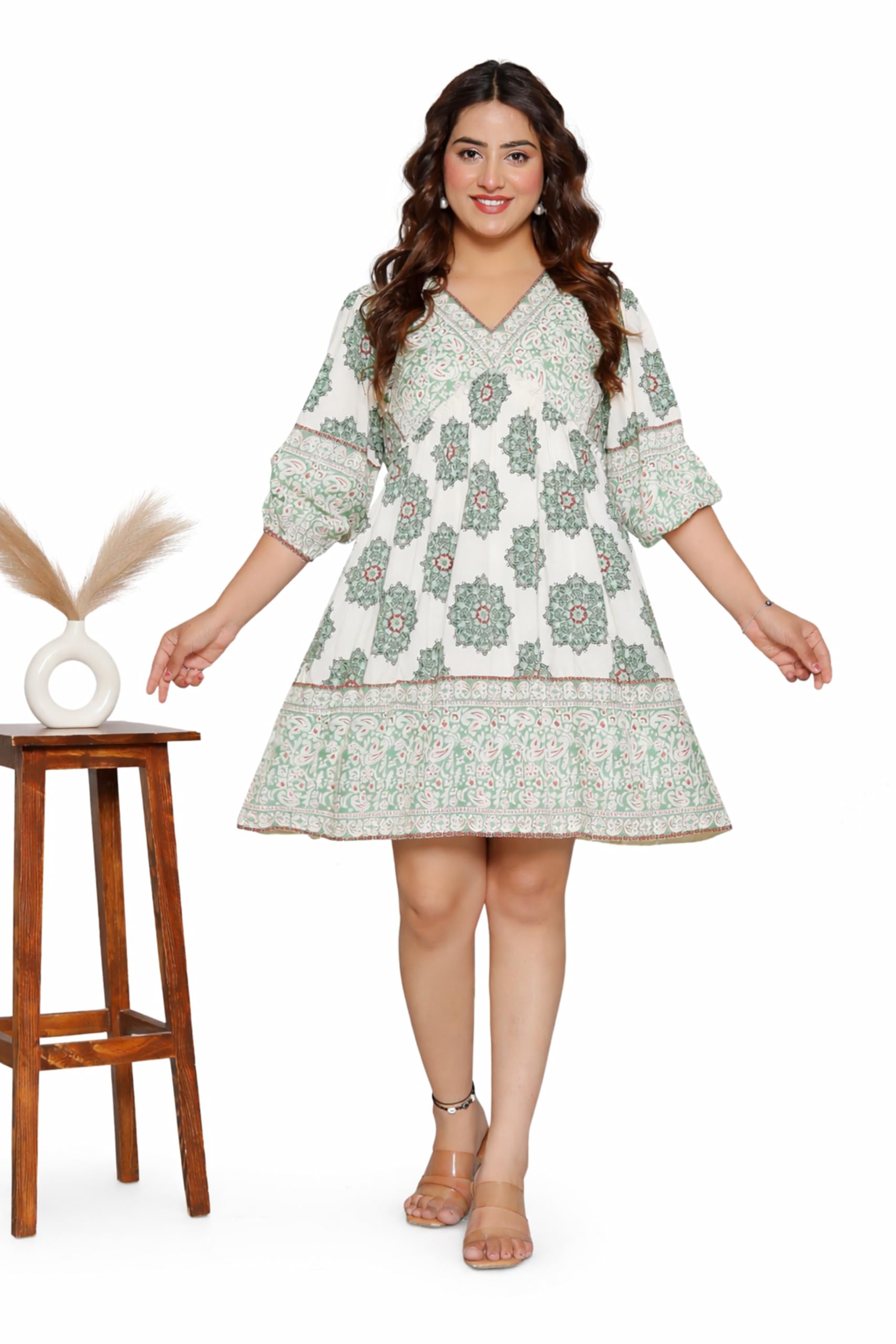 Women's Printed Viscose Dobby Mini Dress, V-Neck, 3/4 Sleeves, A-Line Flared, Off-White with Green Motifs-image-8
