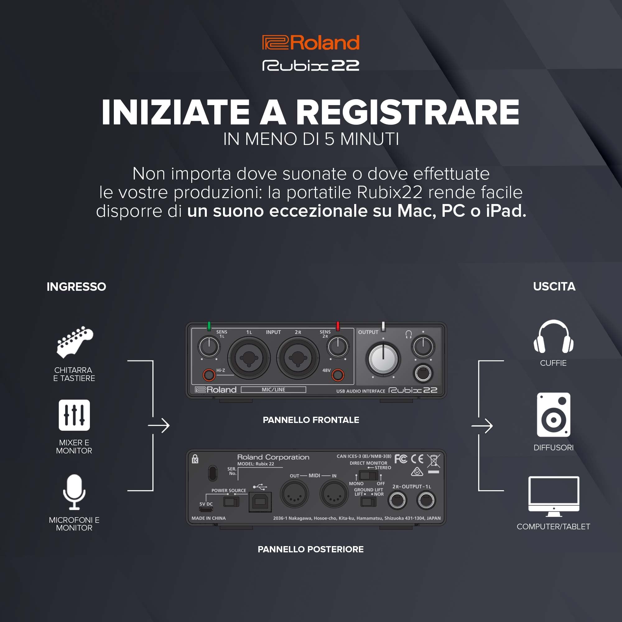 Interfaccia audio USB Roland Rubix22 2-In/2-Out | Audio ad alta risoluzione | Registrate con microfoni, chitarre, tastiere e altro | Costruzione compatta e durevole | Compatibile con Mac, PC e iPad