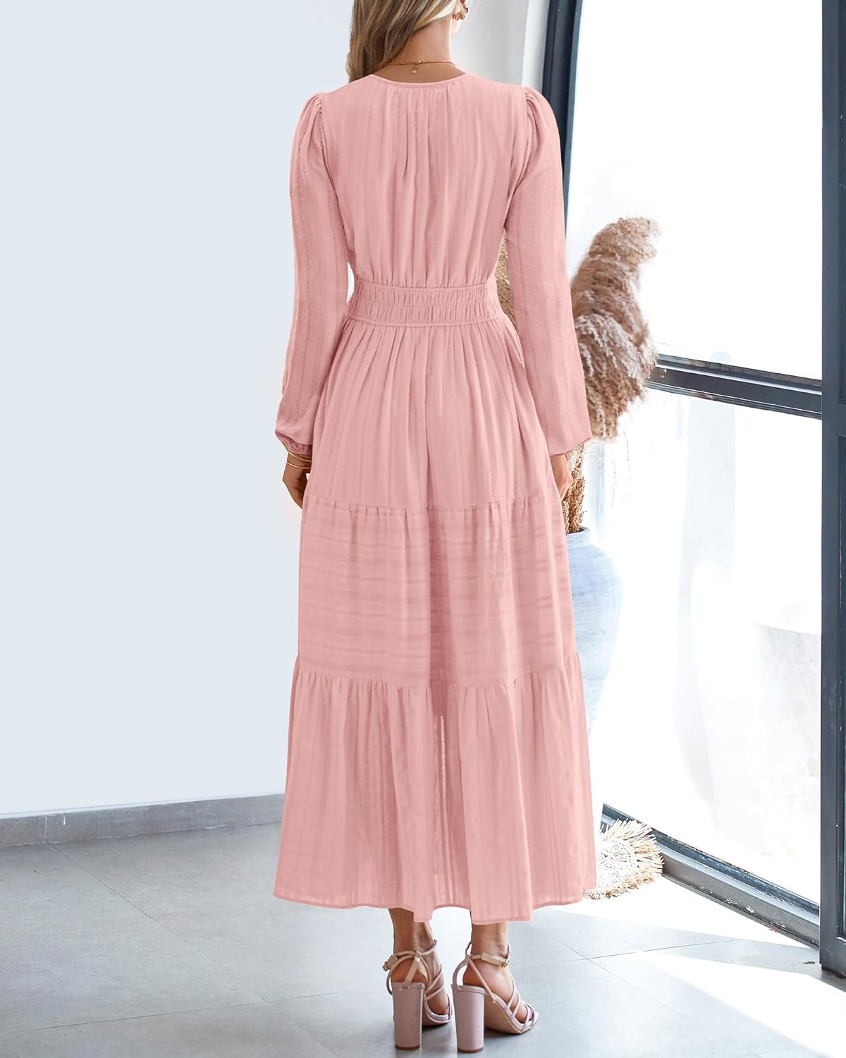 BTFBM Spring Dresses for Women 2026 Casual Long Sleeve V Neck Elastic Waist Lightweight Maxi Wedding Guest Dress Pockets - Image 3