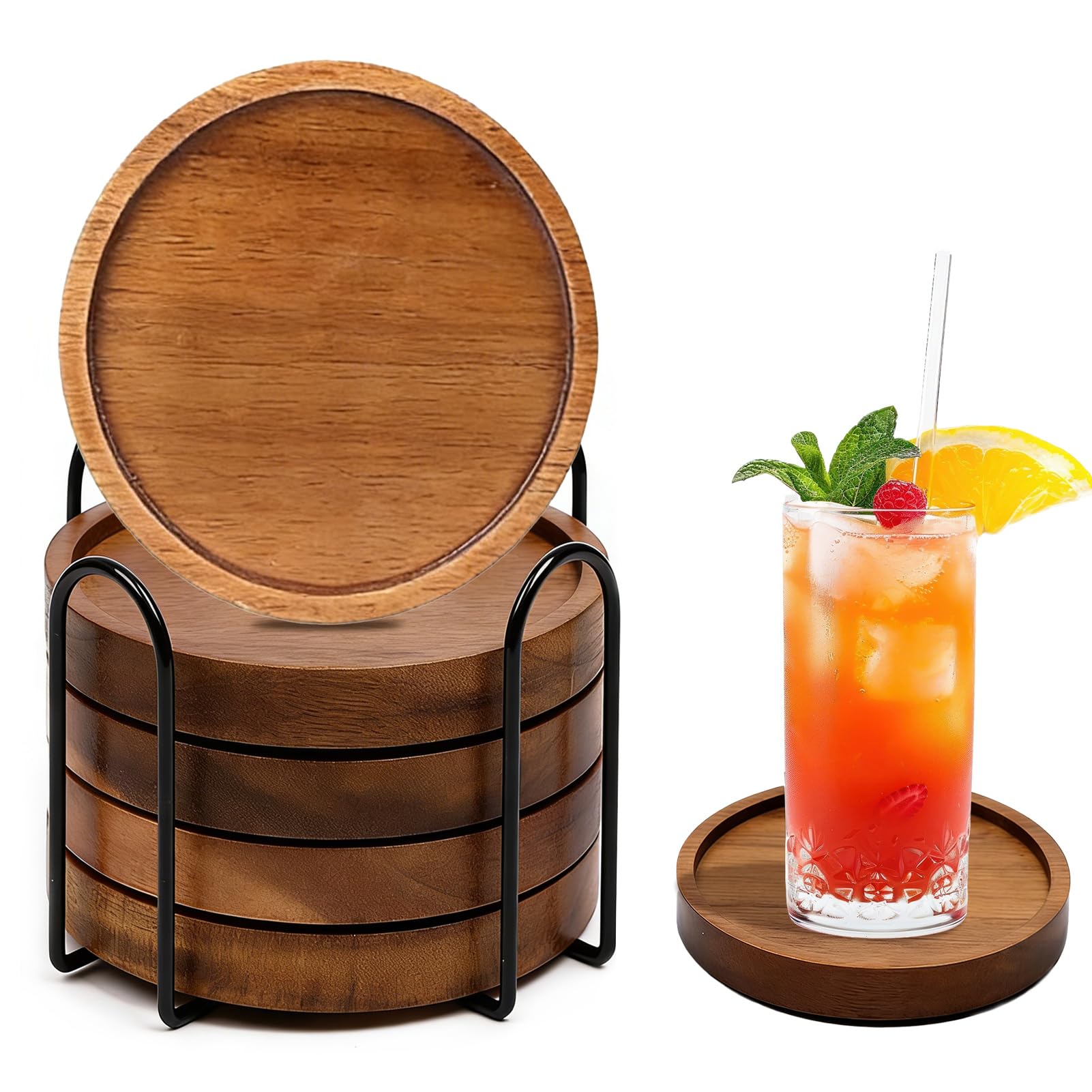 6Pcs Wood Coasters for Drinks with Holder, Wooden Coasters for Coffee Table Dining Table Round with Non-Slip Pad