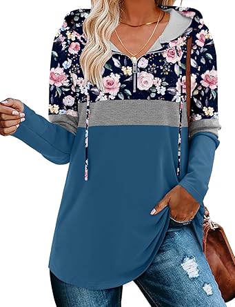 BETTE BOUTIK Womens Quarter Zip Tunic Hoodies Pullover Long Hooded Sweatshirts S-3XL
