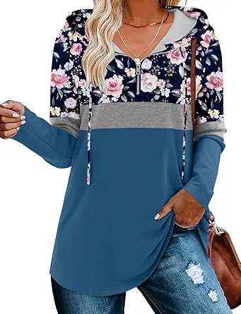BETTE BOUTIK Womens Quarter Zip Tunic Hoodies Pullover Long Hooded Sweatshirts S-3XL