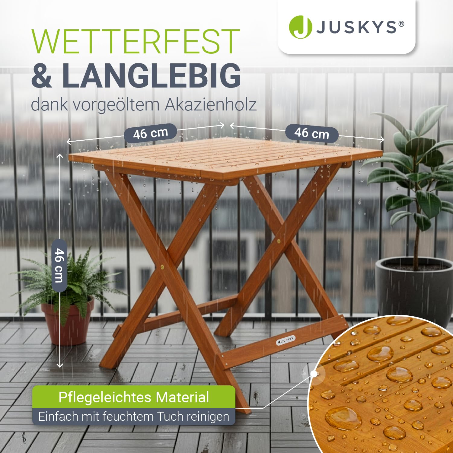 Juskys® Beistelltisch Zadar S - Klappbar für platzsparende Nutzung, aus geöltem Akazienholz, ideal für Garten und Balkon, 46x46x46 cm