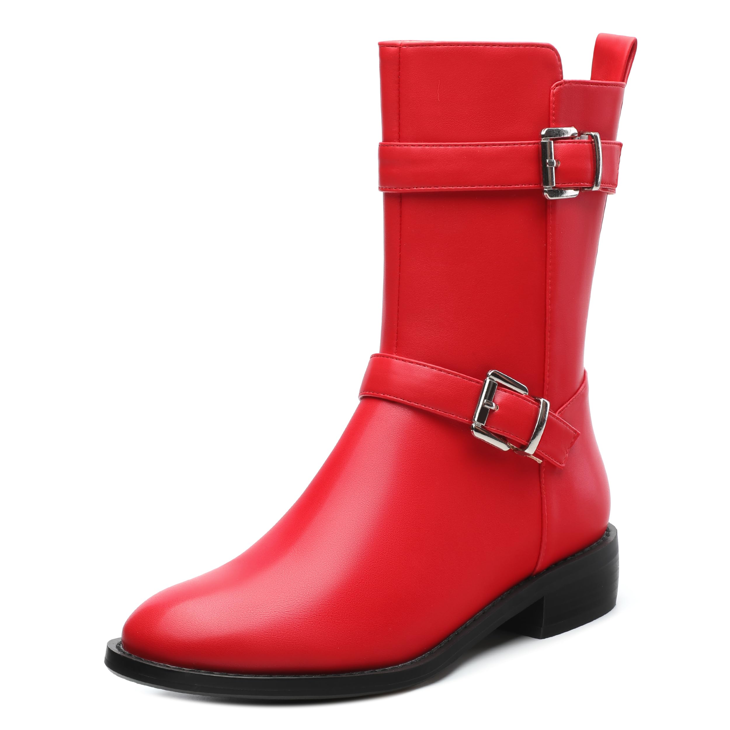 ROSERWISH Mid Calf Boots for Women Riding Ankle Boots Round Toe Low Chunky Heel Short Boots Fashion Fall Winter Combat Booties Buckle Style Dress