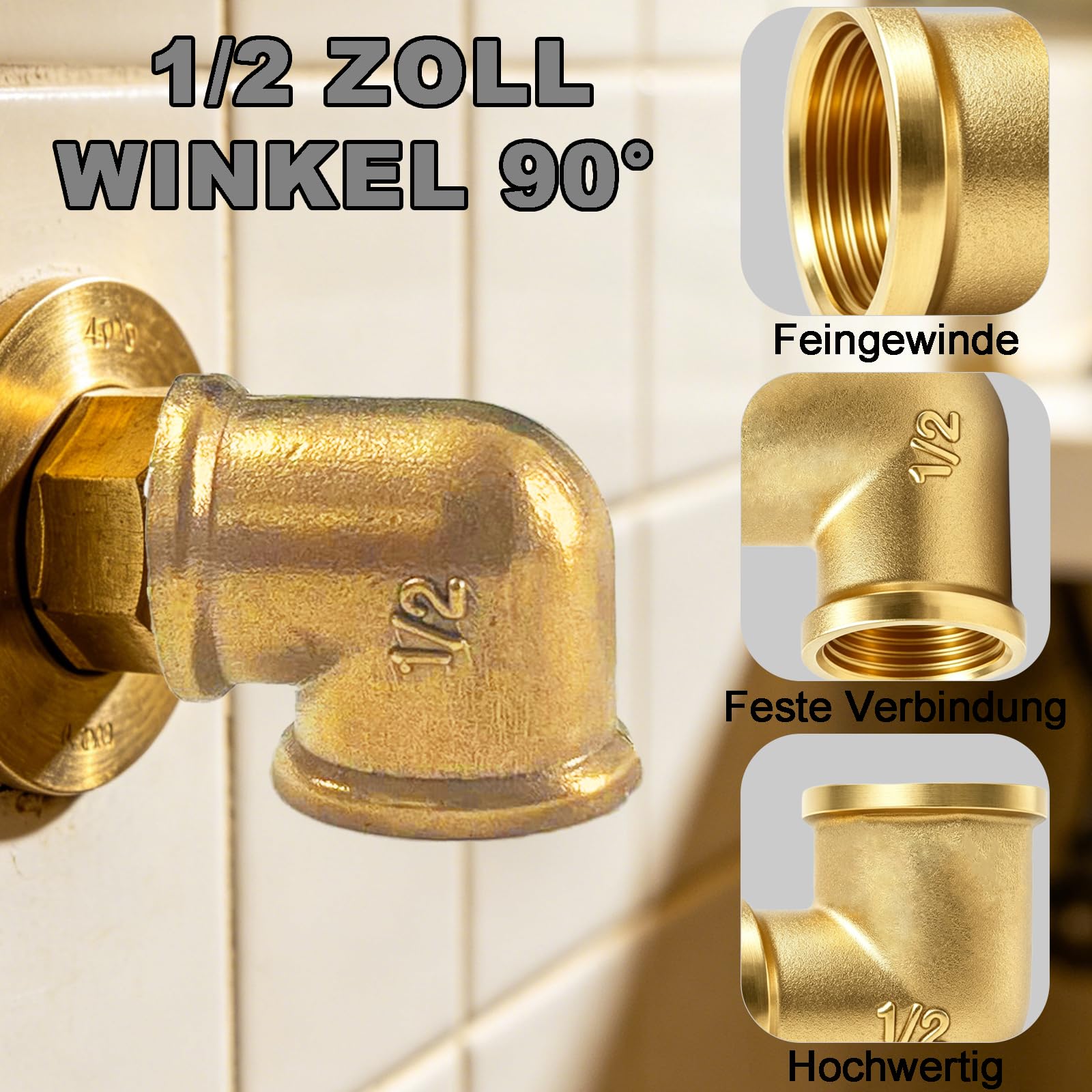 Produktbild von 2 Stück Messing Winkel 90° 1/2 Zoll – Inkl. Gewindedichtband Für Trinkwasser-Installation