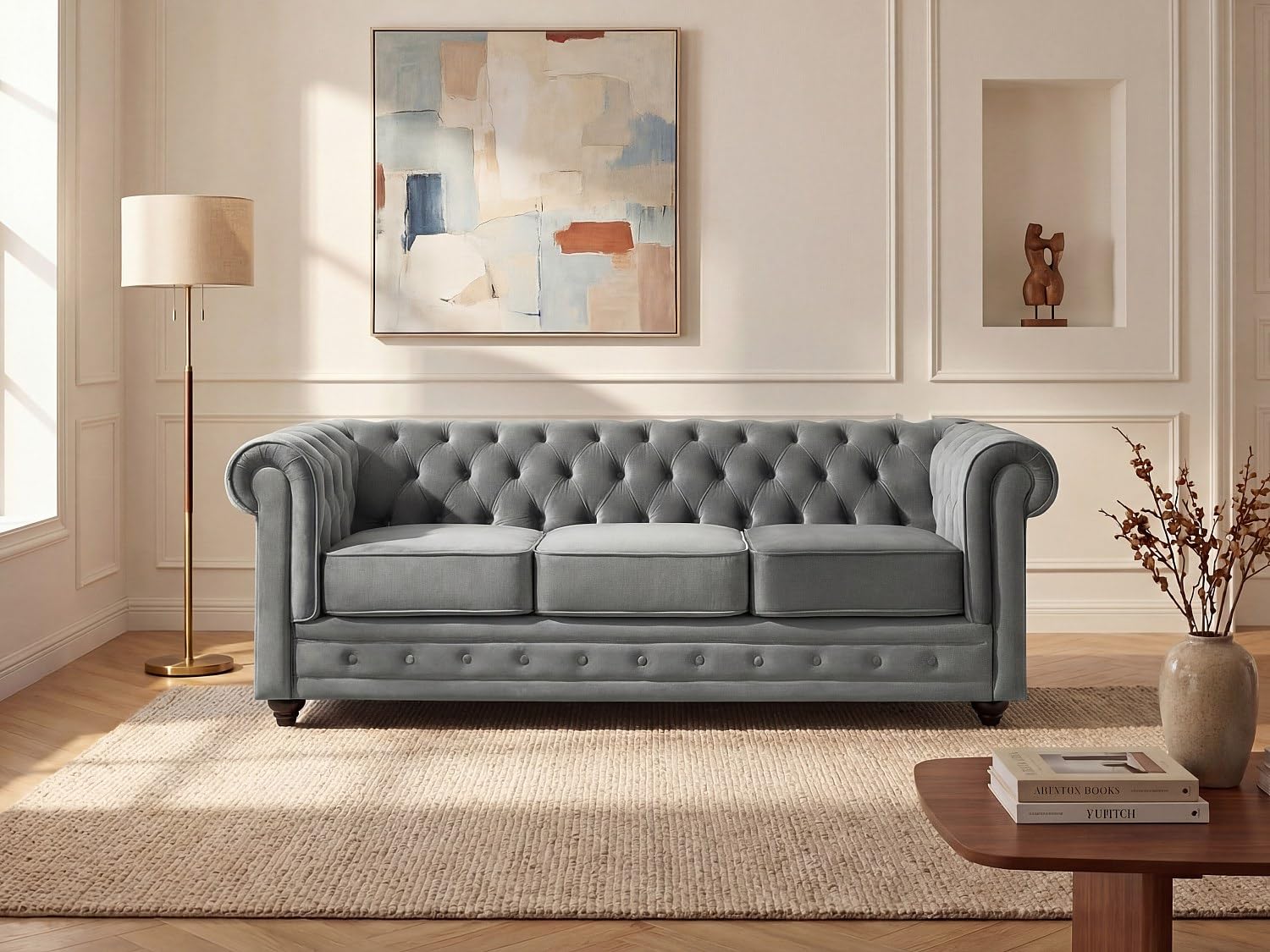 Vente-unique - Sofá Fijo 3 plazas Chesterfield - Terciopelo - Gris Claro | Forma mítica Chesterfield, asiento desenfundable