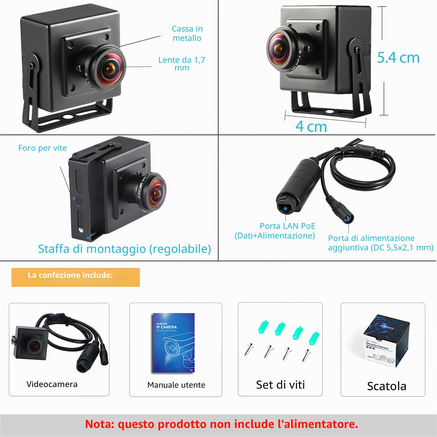 HD 4K 8MP Mini POE IP Camera, piccola sicurezza interna Fisheye 1.7mm Lens 180° angolo di visione P2P Remote View CCTV POE Camera H.265 Motion Detection (I706-3-P-HS82)