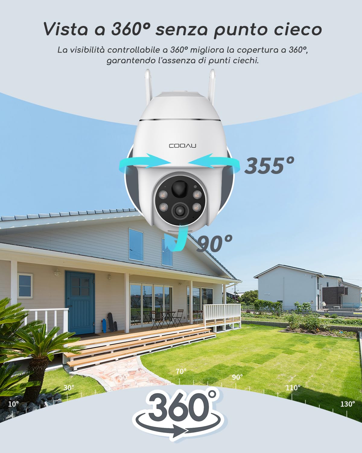 COOAU 4MP Telecamera Wi-Fi Esterno Senza Fili pannello solare,Videocamera Sorveglianza Esterno con Batteria,Visione Notturna a Colori Telecamera,360°PTZ,Rilevazione di Movimento,2Vie Audio,Sirena,IP66