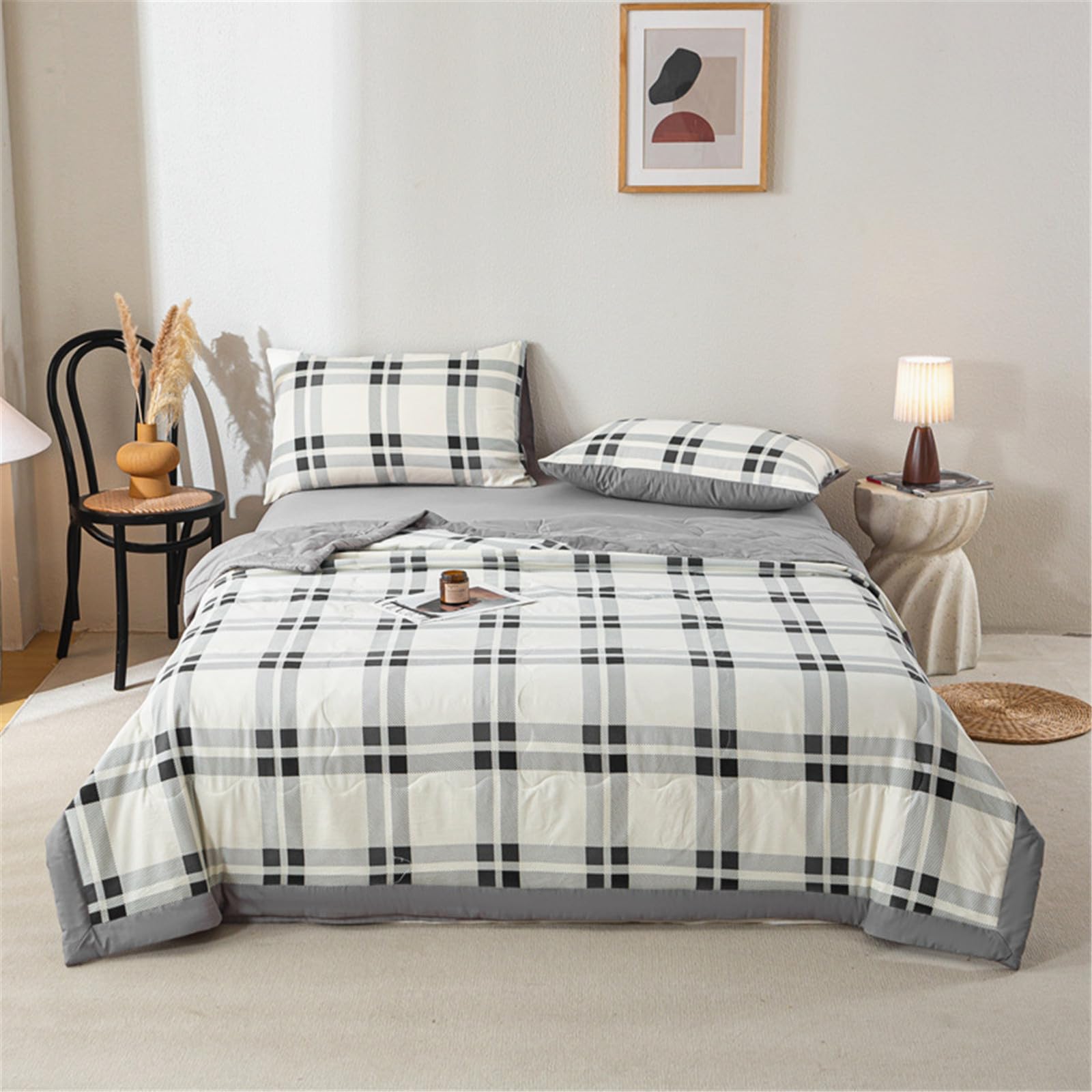 Odot Coverless Duvet 2.5 Tog Single Double King Size, Reversible Summer Quilted Duvet Throw Blanket for Sofa Bed, Soft Lightweight Bedspreads Bed Coverlet Throw, Classic Plaid (Black,110x150cm)