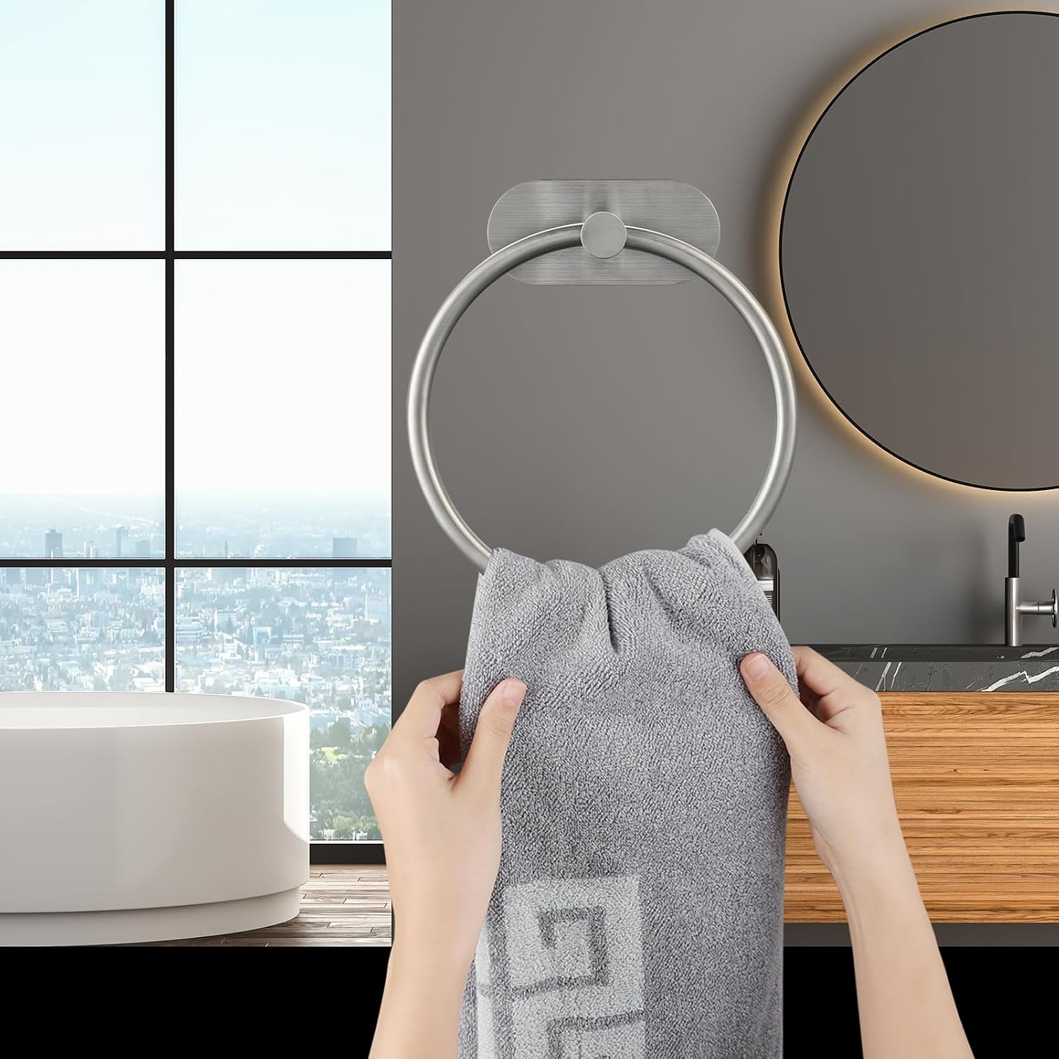 Self-Adhesive Towel Ring for Bathroom, No Drilling Stainless Steel Rustproof Hand Towel Holder, Wall Mounted Bathroom & Kitchen Towel Hanger with Strong Adhesive, Modern Bath Organizer Brushed Nickel image 2