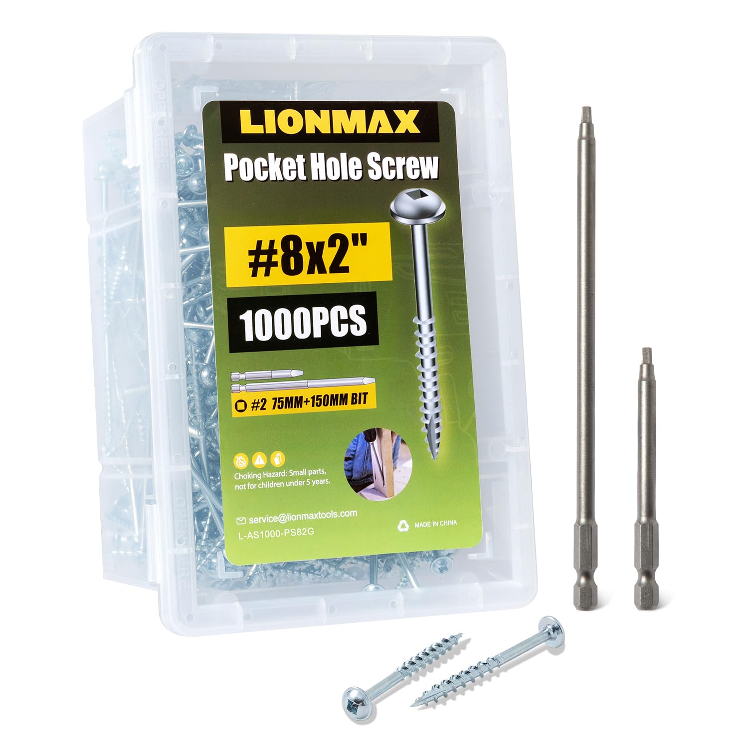 LIONMAX Tornillos de bolsillo de 5 cm, 1000 tornillos de bolsillo interior #8 x 2, rosca gruesa, unidad cuadrada, cabeza de arandela, tornillos de agujero de bolsillo chapados en zinc, broca de 150 mm