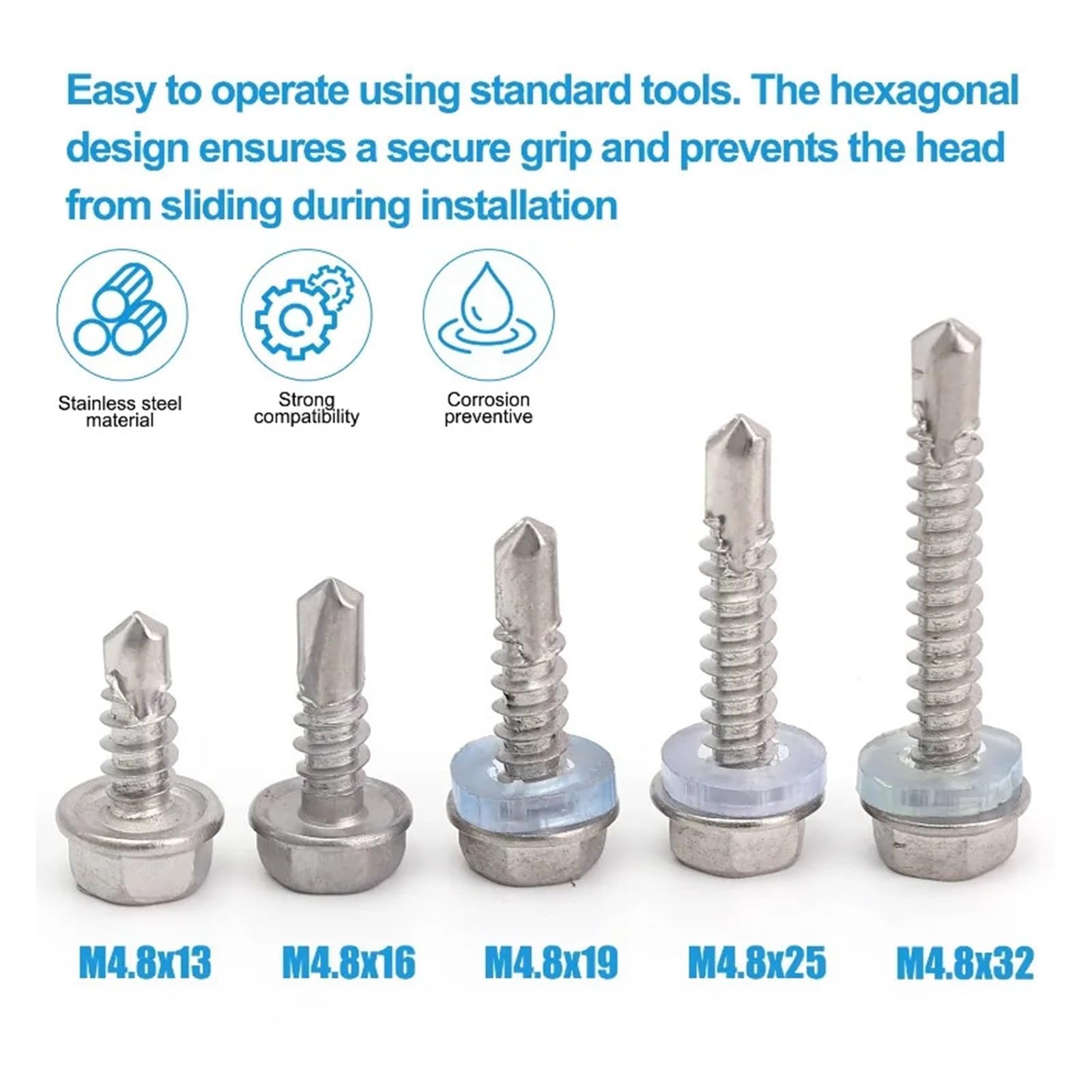 Tornillos Autorroscantes 200/20 piezas 410 tornillo autorroscante de acero inoxidable cabeza hexagonal resistente a la corrosión suministros Hardware sujeción(M4.8x19,200 PCS)