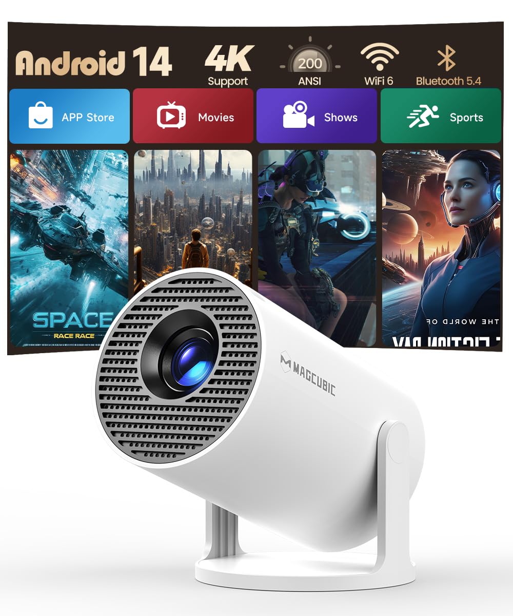 Magcubic Proiettore Portatile 4K Supporta, Mini Videoproiettore Smart TV | Android 14 WiFi 6 Bluetooth 5.4 Video Proiettore per Telefono e TV Full HD 1080P Supporta 200 ANSI Auto Keystone Orizzontale