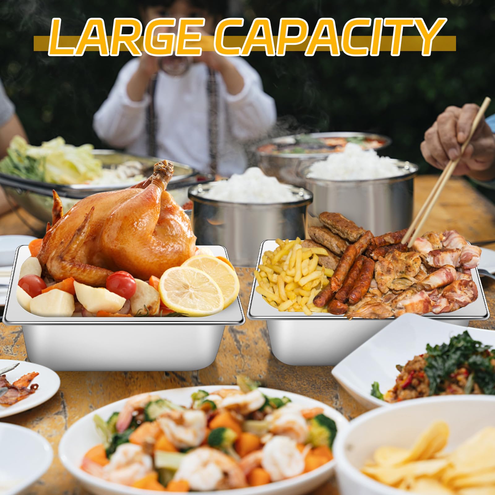 Set di 3 contenitori Gastronorm in acciaio inox, 1/2, profondità 100, 240, 300 mm, con coperchio, 3,5 l, in acciaio inox, set di utensili da portata per catering (profondità 100 mm con