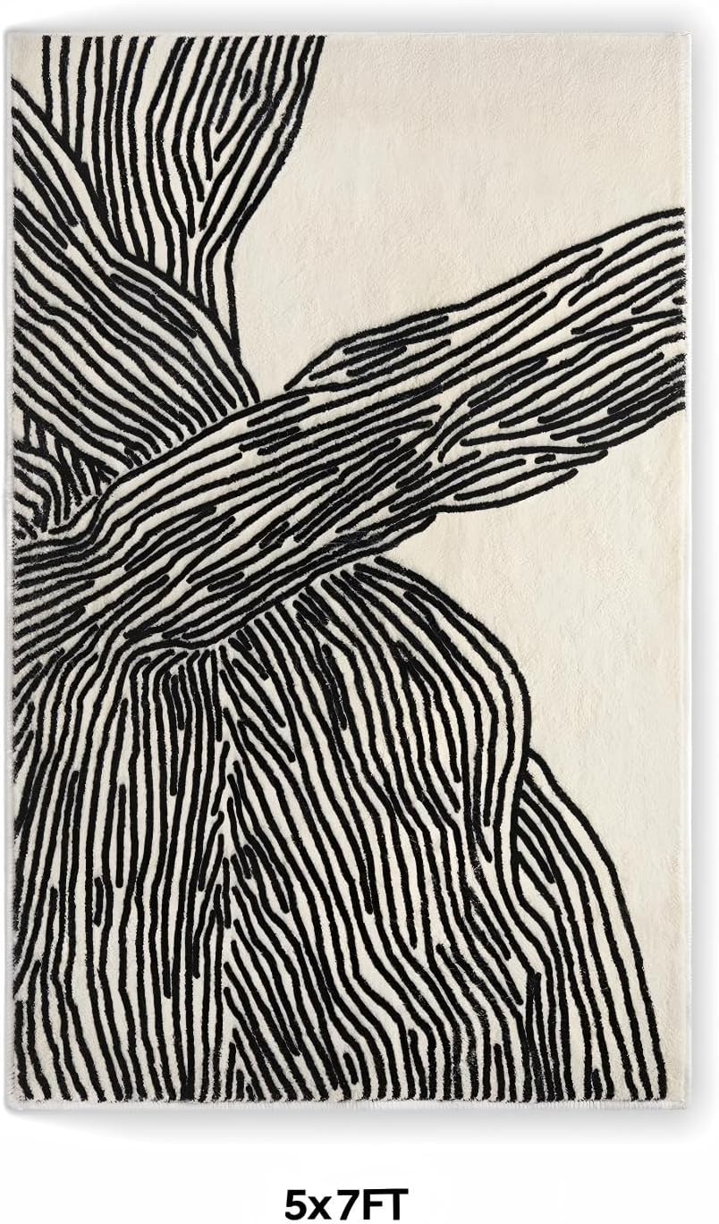 YIHOUSE 5×7Ft Area Rugs, Abstract Washable Rug, Modern Black and White Rug for Bedroom Living Room Dining Room Office Playroom Nursery, Nonslip Throw Non-Shedding Thin Contemporary Striped Rugs