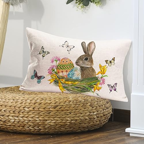 Miniatura 3 de Fundas de almohada de primavera y Pascua con diseño de huevo de conejo de 12 x 20 pulgadas, fundas de almohada de mariposa y hojas florales, conejo,