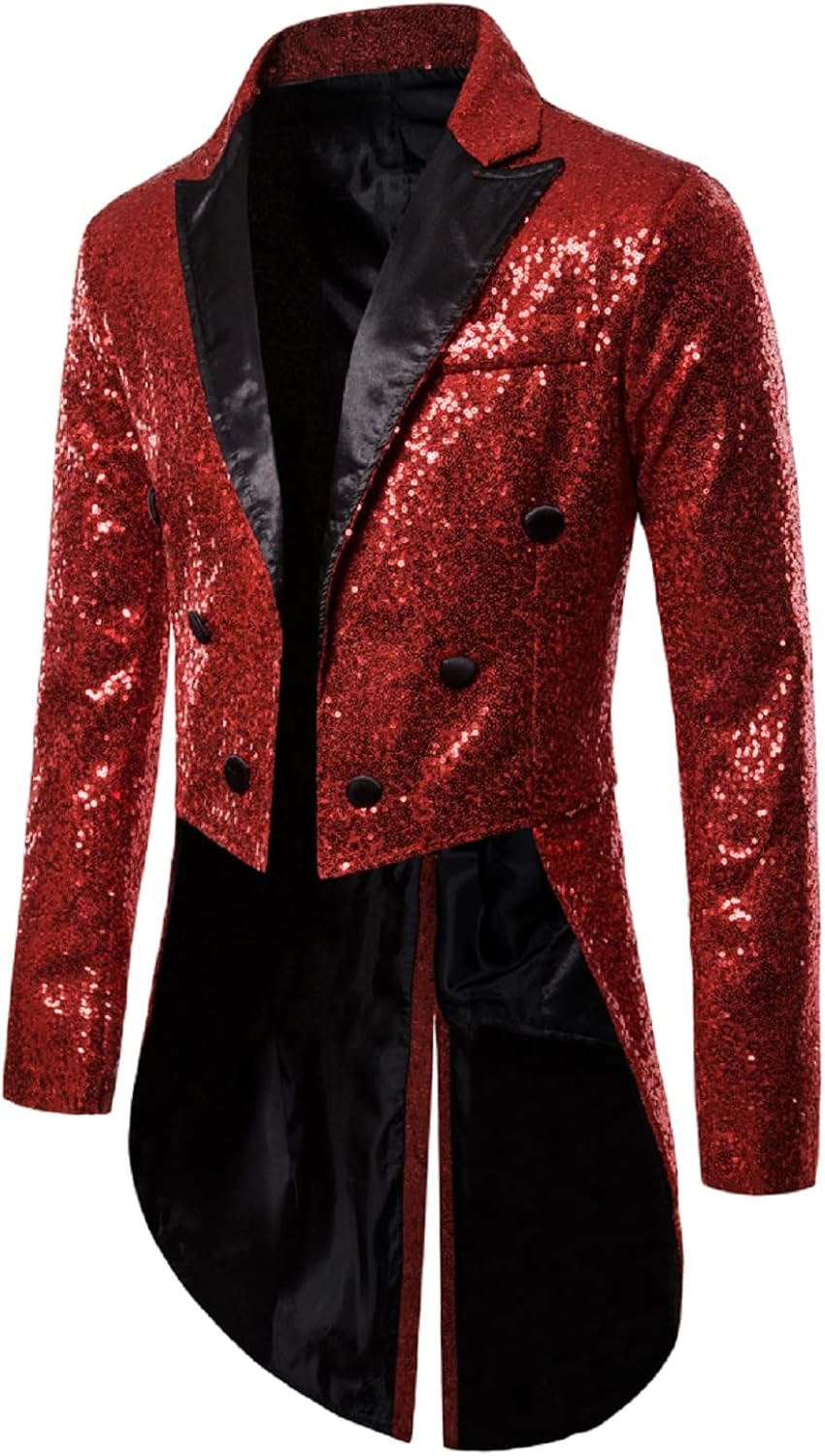 Mens Sequin Tuxedo Tailcoat Slim Fit Swallowtail Suit Jacket Dinner Party Wedding Blazer Show Tux Dress Coat