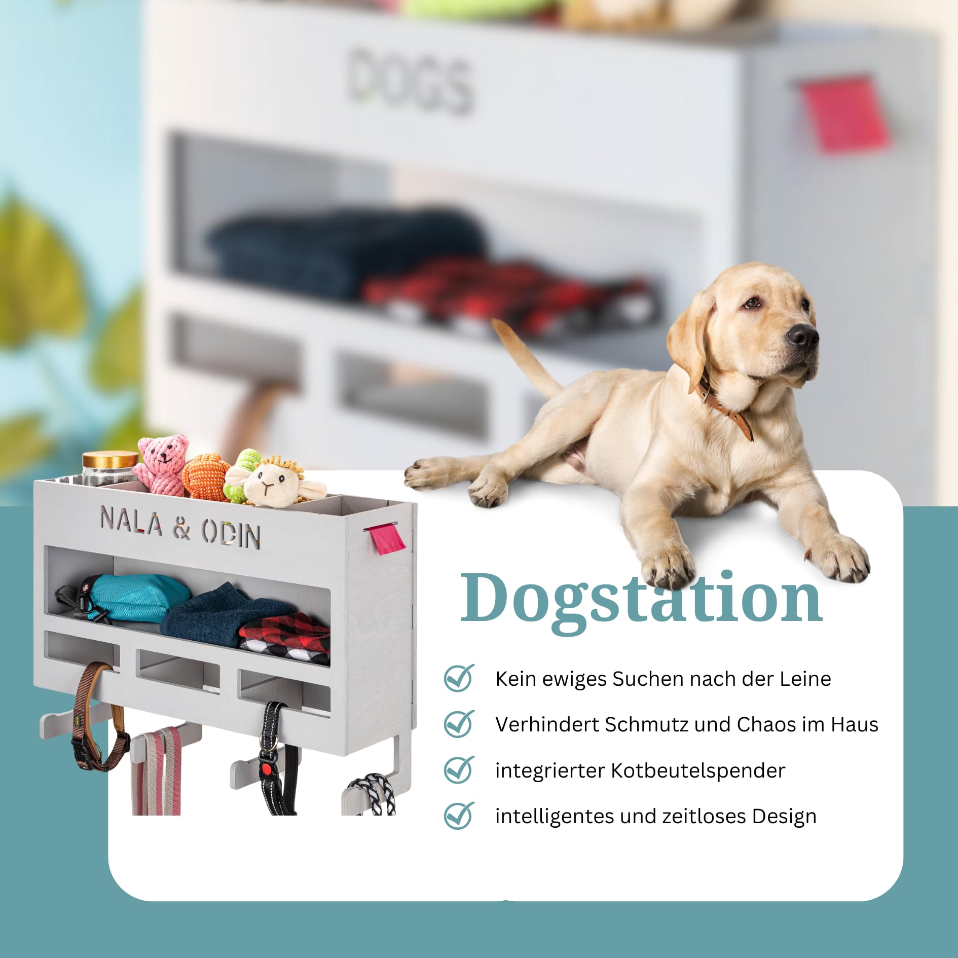 INEXTERIOR – Hundegarderobe XXL personalisierbar mit Ablage & Leinenhalter in Grau - Hundezubehör Dogstation für Hundeleinen, Spielzeug & Leckerlis aus Birkenholz - Mit Kotbeutelspender & Montagekit