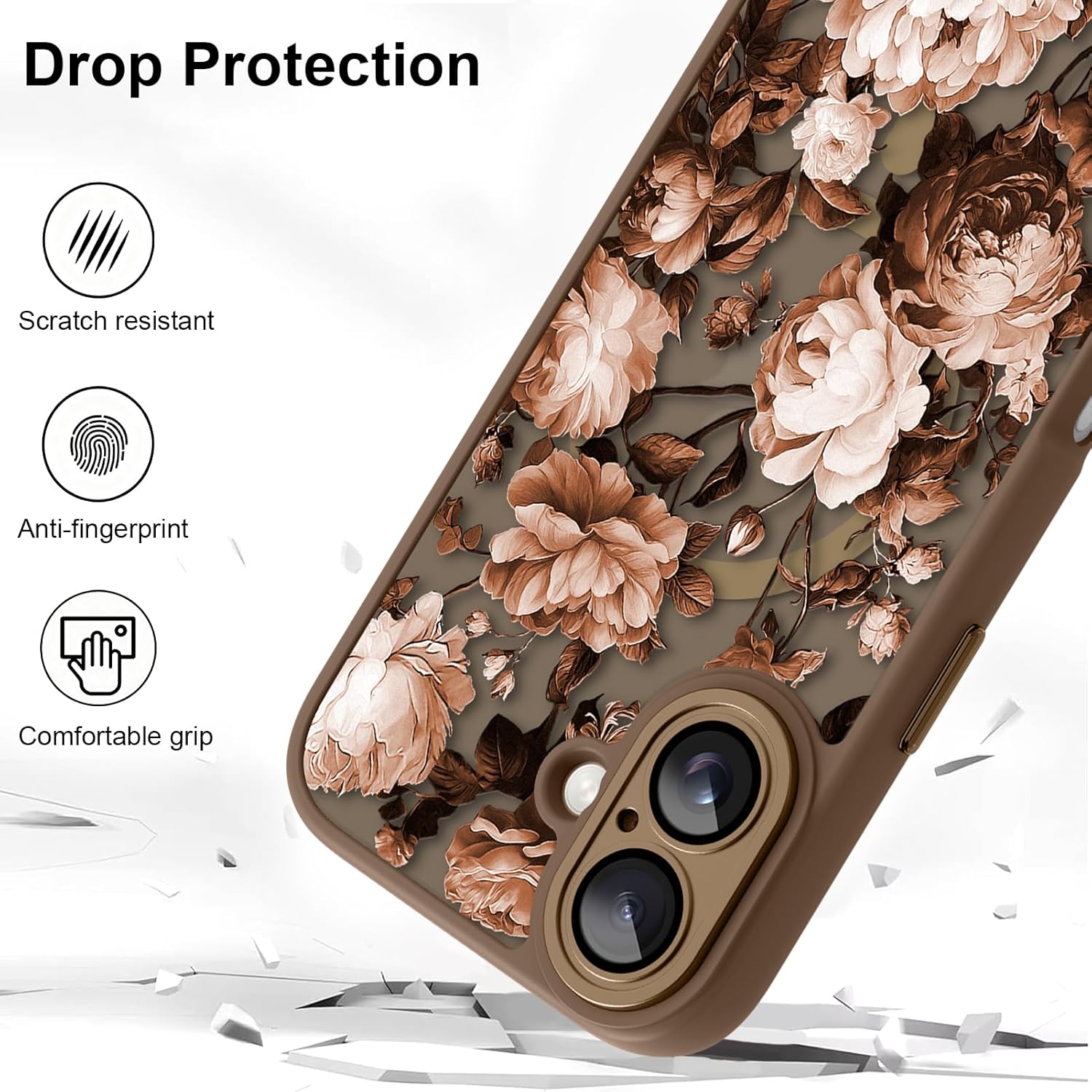 Magnetic for iPhone 17 Case, Compatible with Magsafe, Pretty Rose Peony Floral Pattern for Women Girls, Full Camera Protection, Translucent Matte Phone Cover, Brown