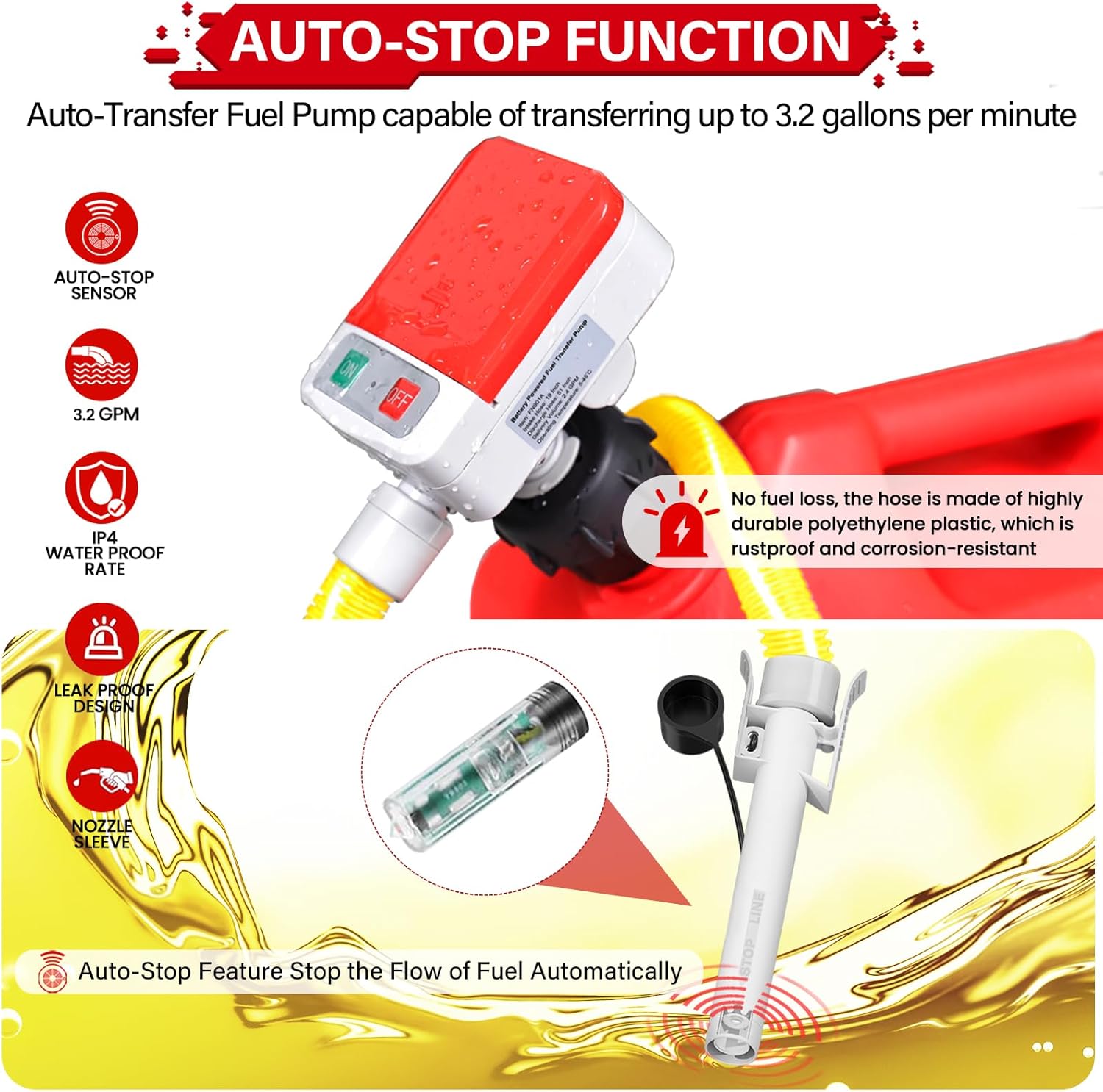 anngrowy Fuel Transfer Pump Battery Powered with Auto-Stop, Gas Can Pump Transfer with 4 Adaptors, 3.2 GPM, 51" Hose, Portable liquid Transfer Pump for Oil, Gasoline, Diesel, Kerosene, Gifts for Him - Image 4